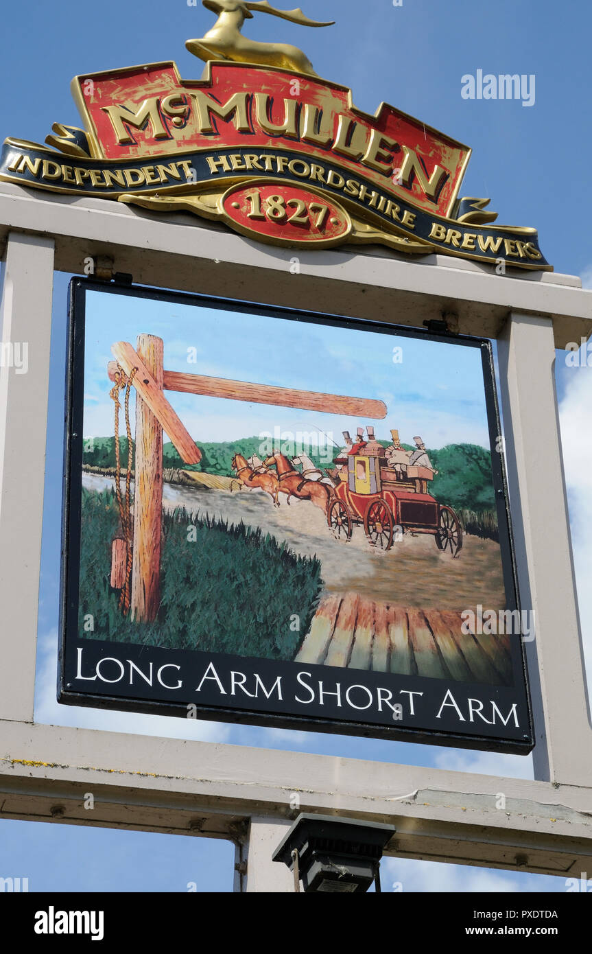 Long Arm & Short Arm inn, Lemsford, Hertfordshire, has a name which has always attracted curiosity with various theories being expressed. Stock Photo