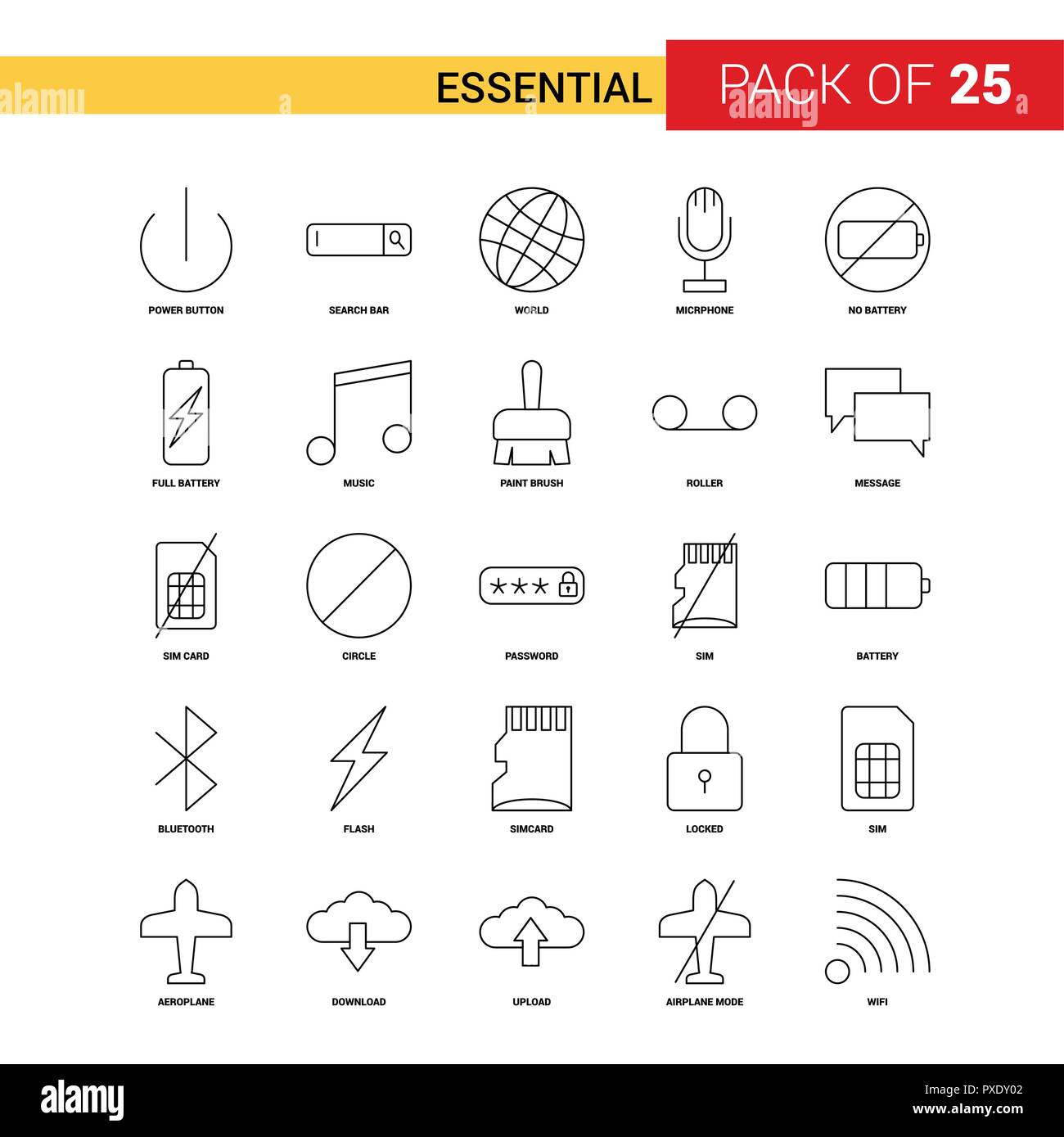 Essential Black Line Icon - 25 Business Outline Icon Set Stock Vector ...