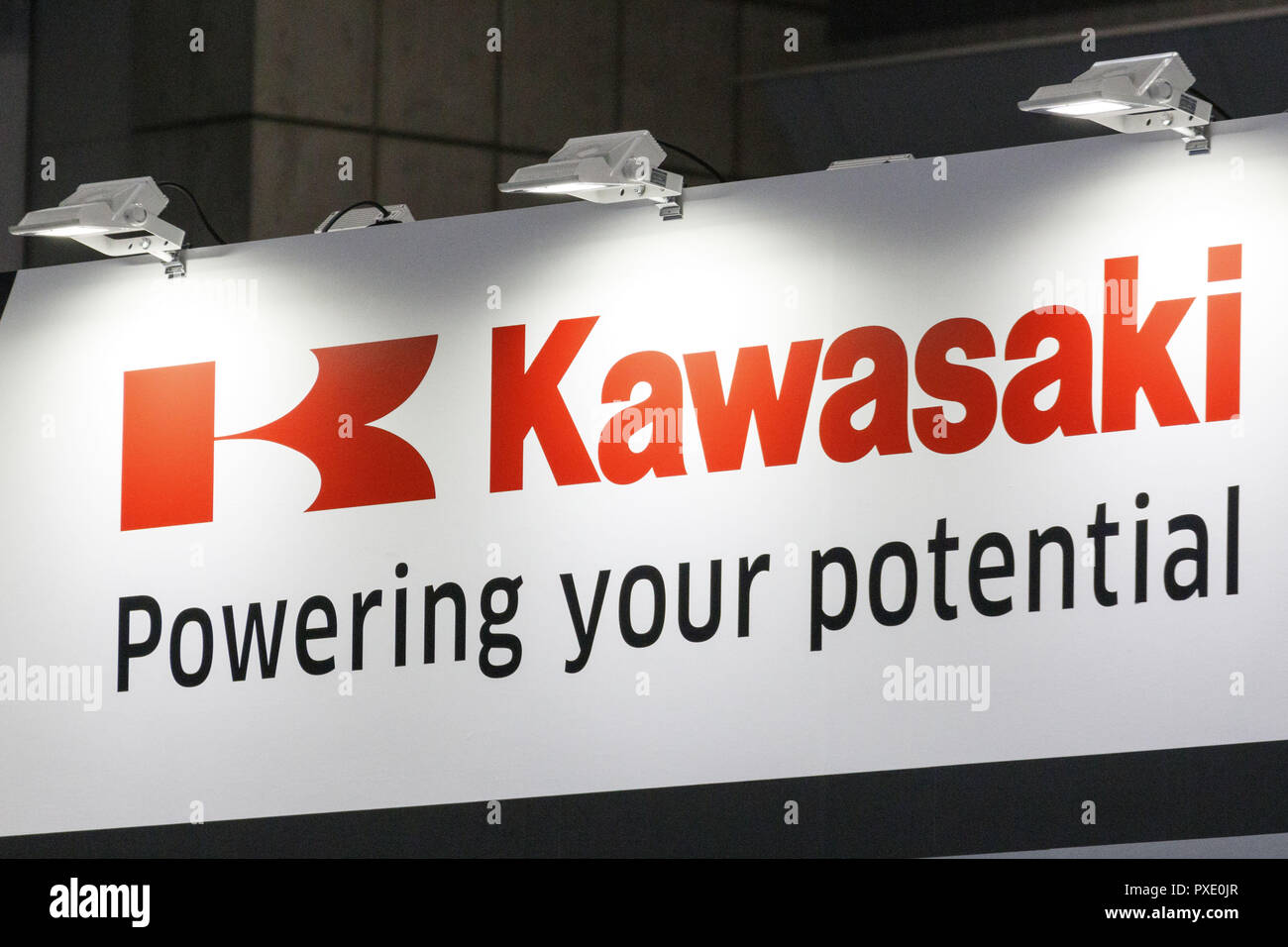 Tokyo, Japan. 21st Oct, 2018. A logo of Kawasaki Heavy Industries Ltd., on  display during the
