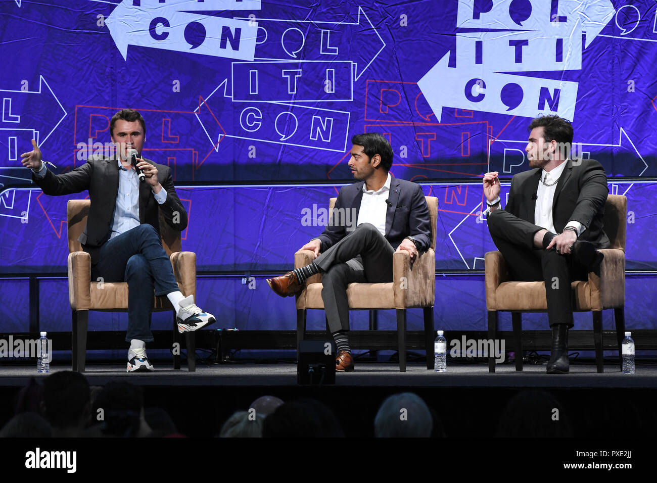 Los Angeles, USA. 20th Oct, 2018. (L-R) Charlie Kirk, Steven Olikara, and Hasan Piker speak onstage at Politicon 2018 at the LA convention Center on October 20, 2018 in Los Angeles, California. Credit: The Photo Access/Alamy Live News Stock Photo