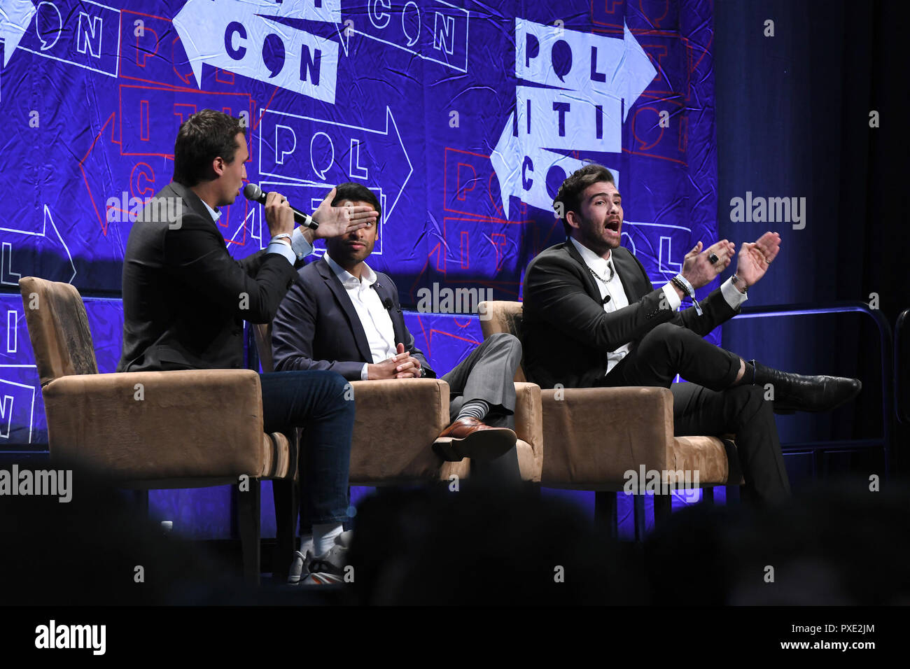 Los Angeles, USA. 20th Oct, 2018. (L-R) Charlie Kirk, Steven Olikara, and Hasan Piker speak onstage at attends Politicon 2018 at the LA convention Center on October 20, 2018 in Los Angeles, California. Credit: The Photo Access/Alamy Live News Stock Photo