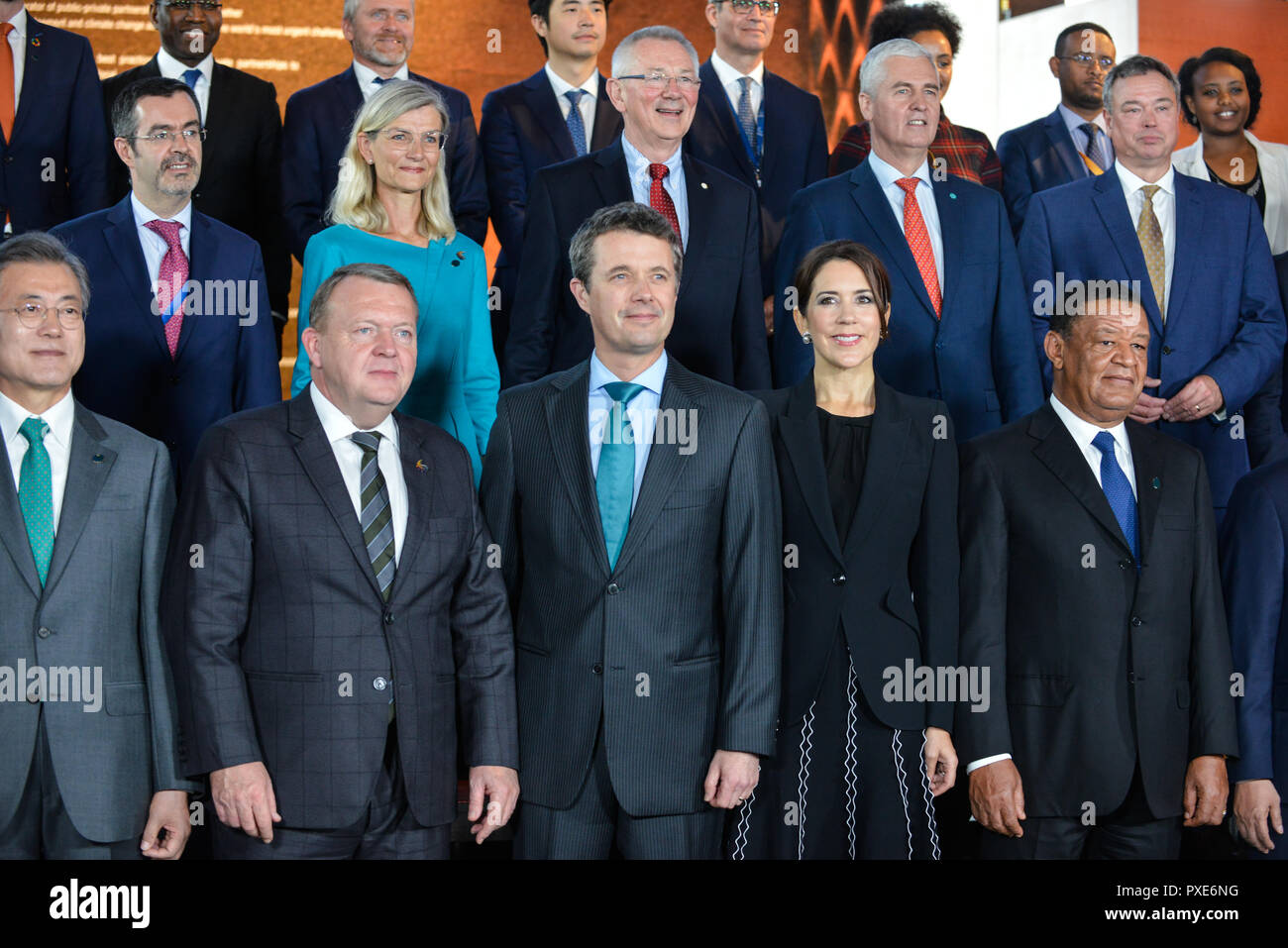 The Prime Minister of Denmark Lars Lokke Rasmussen (L) Crown Prince Frederik  (C) Crown Princess Mary (R) pose for a family picture during the P4G Copenhagen Summit 2018 at The Danish Radio Concert Hall. Stock Photo