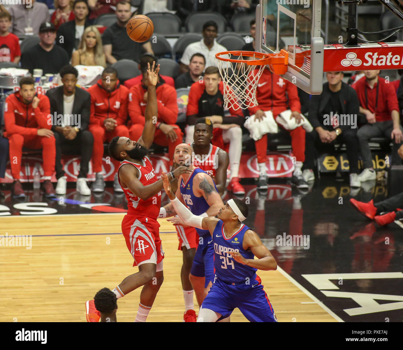 Los Angeles, CA, USA. 21st Oct, 2018. Houston Rockets guard James Harden #13 on a floater during the Houston Rockets vs Los Angeles Clippers at Staples Center on October 21, 2018. (Photo by Jevone Moore) Credit: csm/Alamy Live News Stock Photo