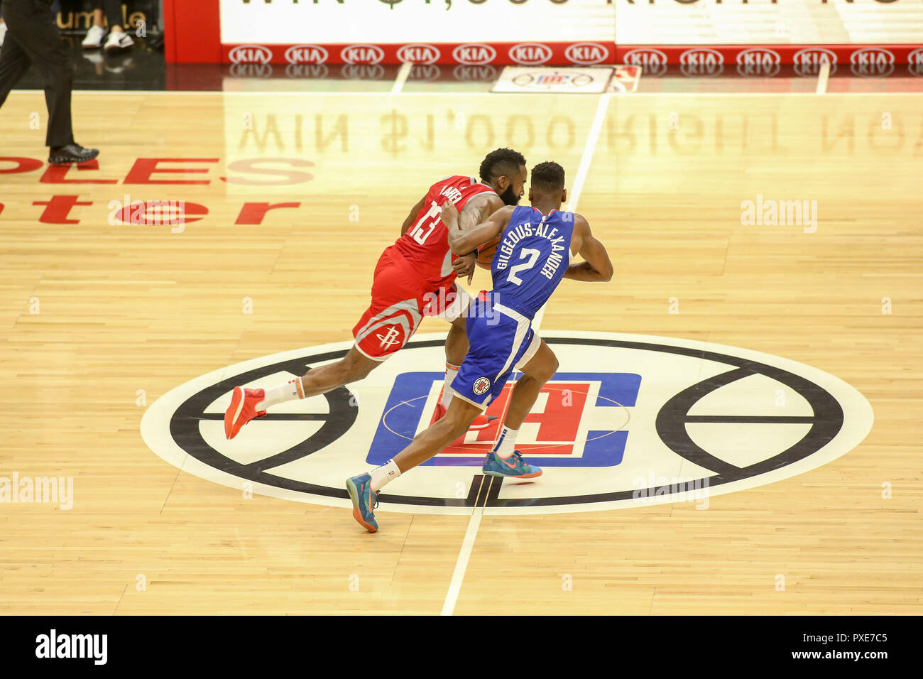 Los Angeles, CA, USA. 21st Oct, 2018. Houston Rockets guard James Harden #13 going pass LA Clippers logo during the Houston Rockets vs Los Angeles Clippers at Staples Center on October 21, 2018. (Photo by Jevone Moore) Credit: csm/Alamy Live News Stock Photo