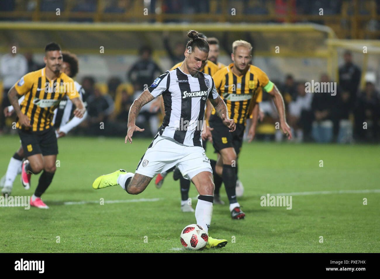 thessaloniki greece 21st oct 2018 paok s forward aleksandar prijovic kicks a penalty kick during a match between paok and aris greek football superleague game between aris fc and paok fc with the