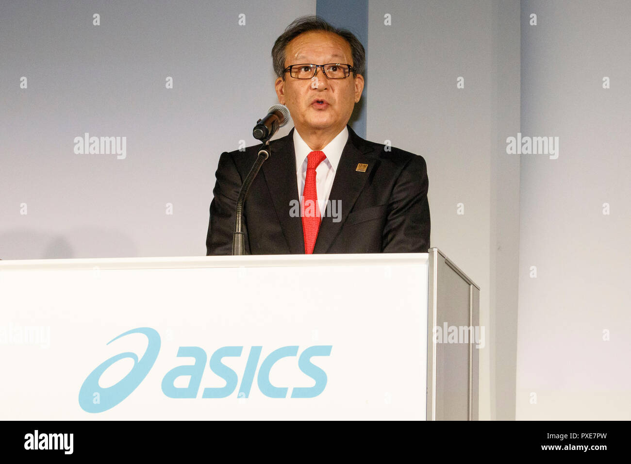 Motoi Oyama CEO of ASICS speaks during a news conference on October 22,  2018, Tokyo, Japan. The former Barcelona and Spain superstar signed a  sponsorship agreement with the Japanese brand Asics who