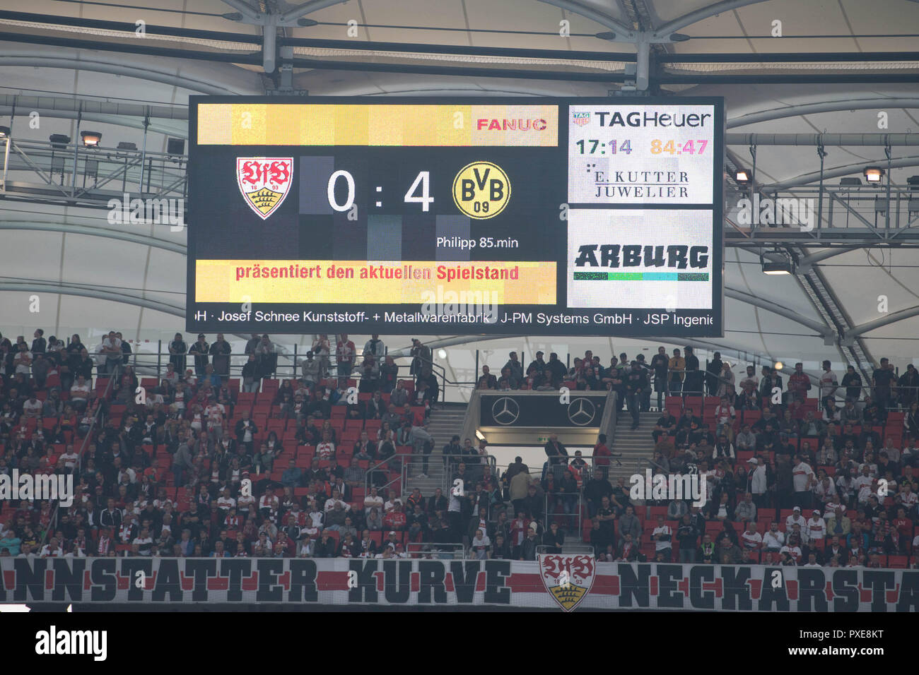 Stuttgart, Deutschland. 20th Oct, 2018. Final score on the scoreboard,  display, monitor, video wall, screen, score, feature, general, edge motif,  end, end result, football 1st Bundesliga, 8th matchday, VfB Stuttgart (S) -