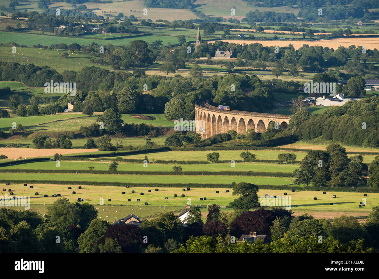 High view across farmland fields in Wharfedale valley to Arthington Viaduct (with train crossing) on sunny summer day - North Yorkshire, England, UK. Stock Photo