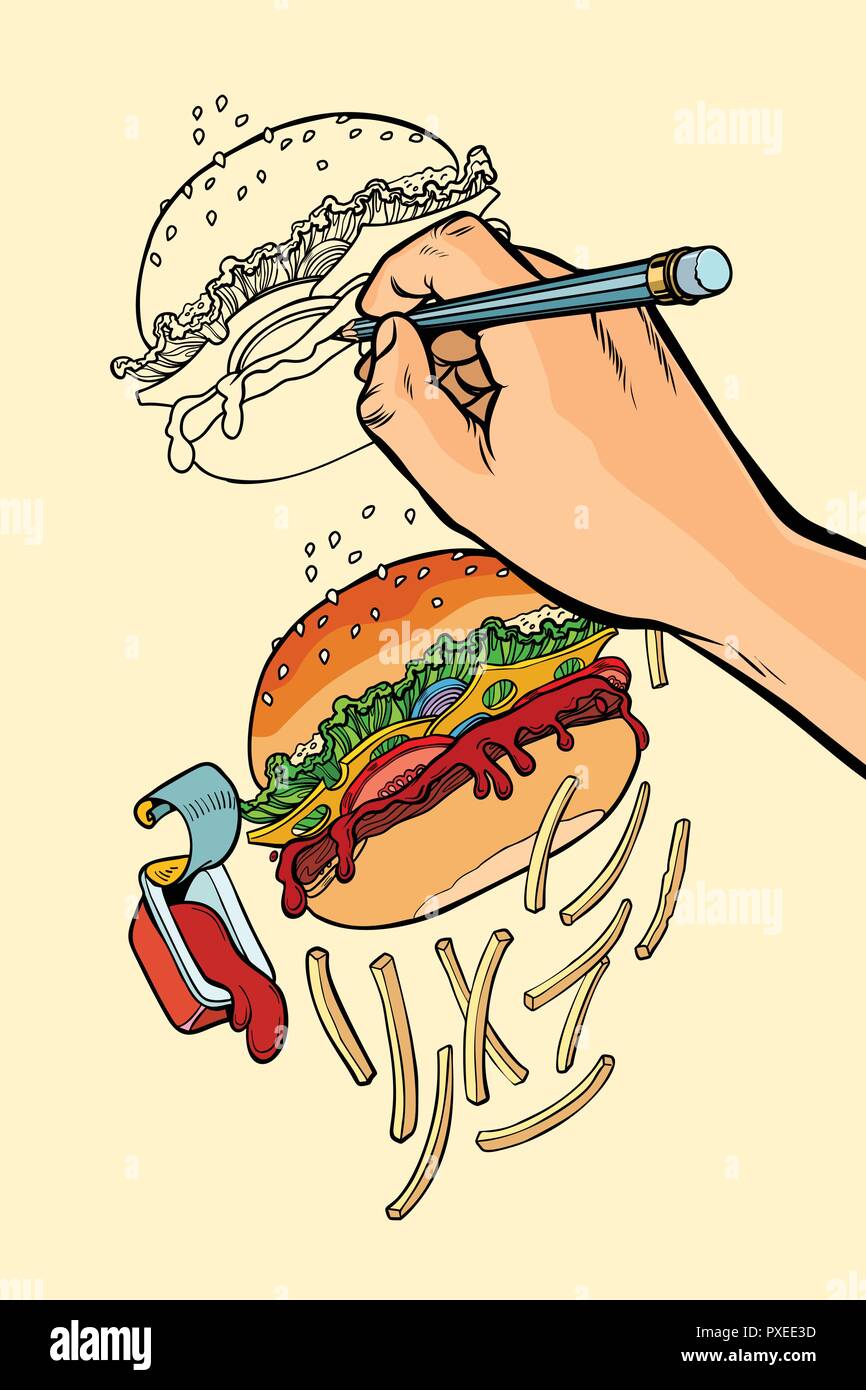 The artist s hand draws a Burger, French fries and ketchup fast  Stock Vector