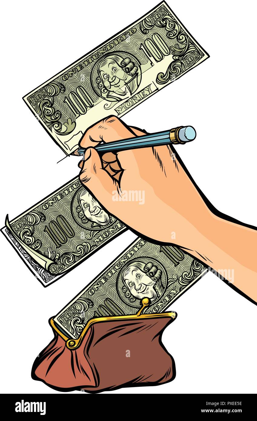 Counterfeiter draws money dollars. Money falls into the purse. I Stock Vector