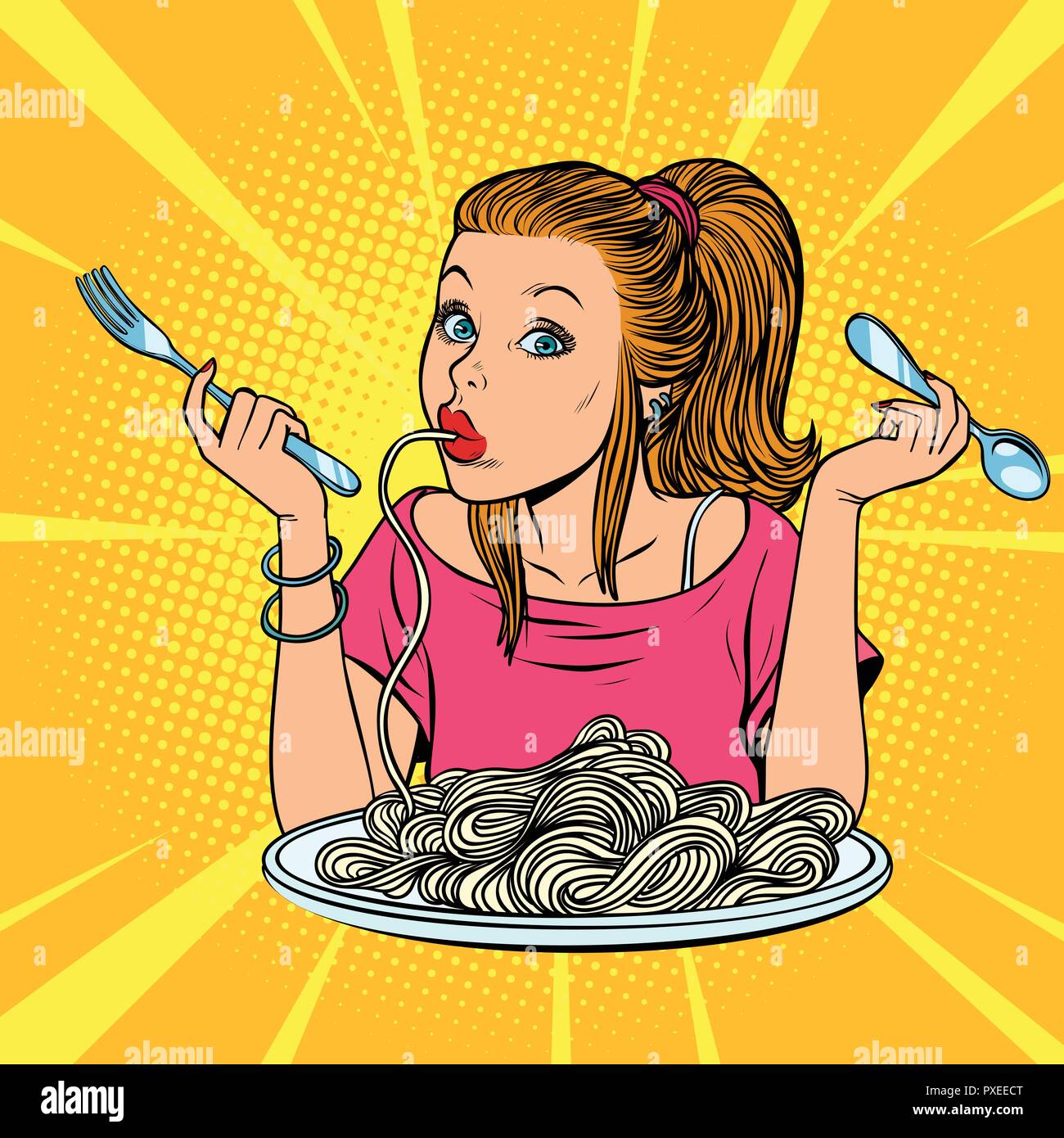woman eating spaghetti Stock Vector