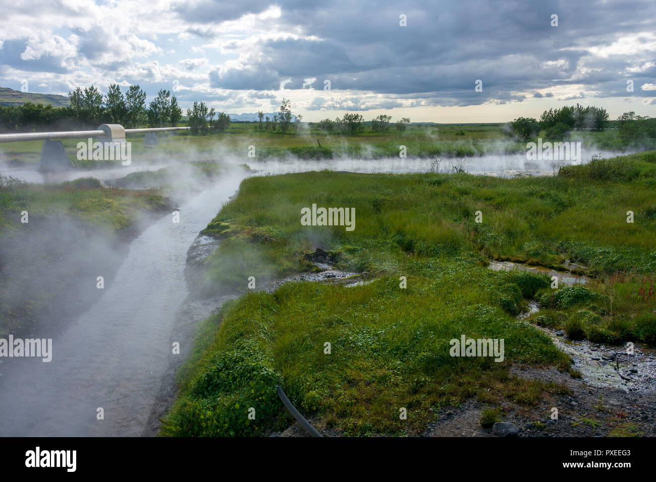 Deildartunguhver Hot Springs in Iceland, where boiling water and steam in the largest quantity in Europe exit the ground Stock Photo