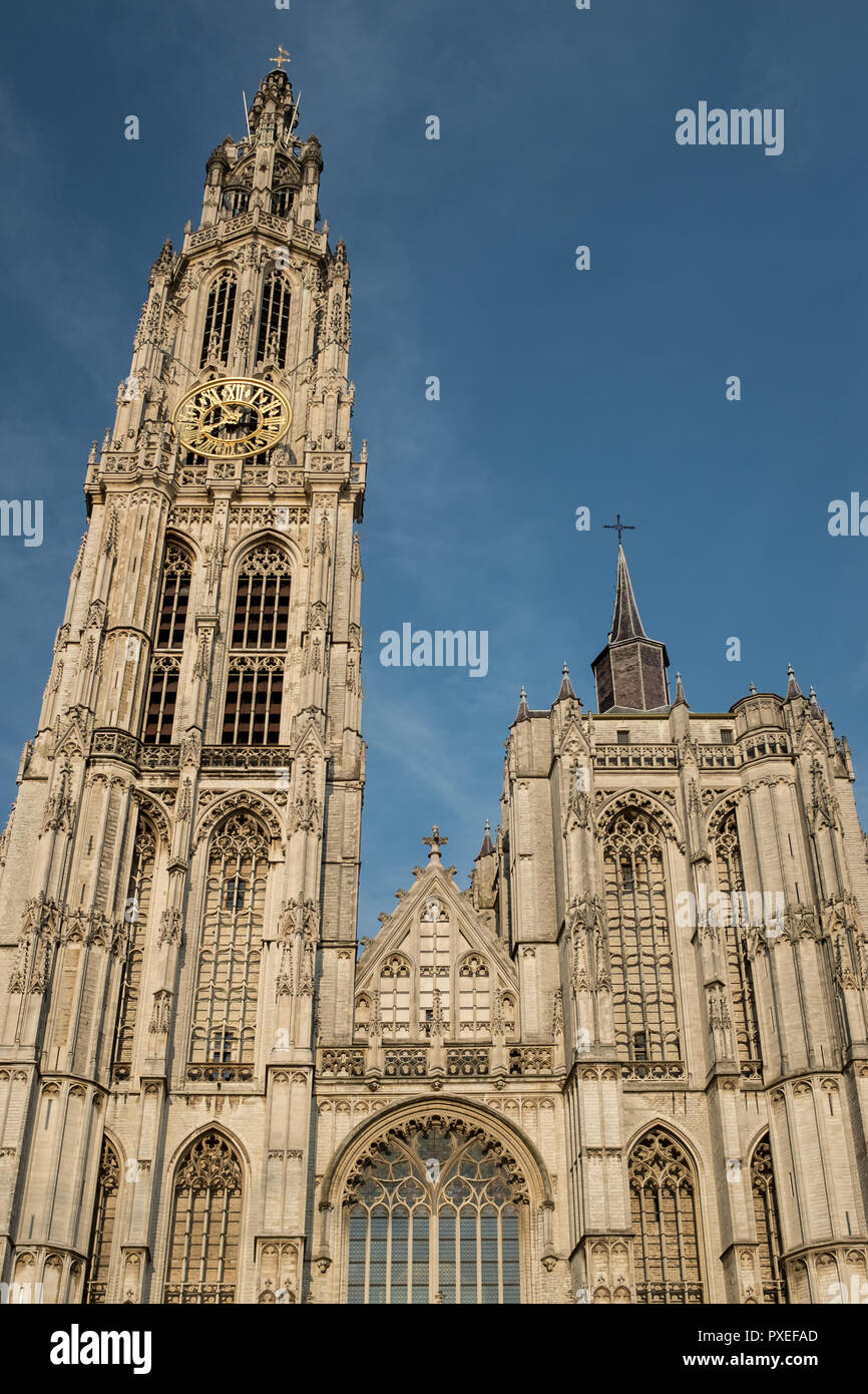 Tower of the Cathedral of Our Lady (Onze-Lieve-Vrouwekathedraal), Monday 19 June 2017, Antwerp, Belgium. Stock Photo