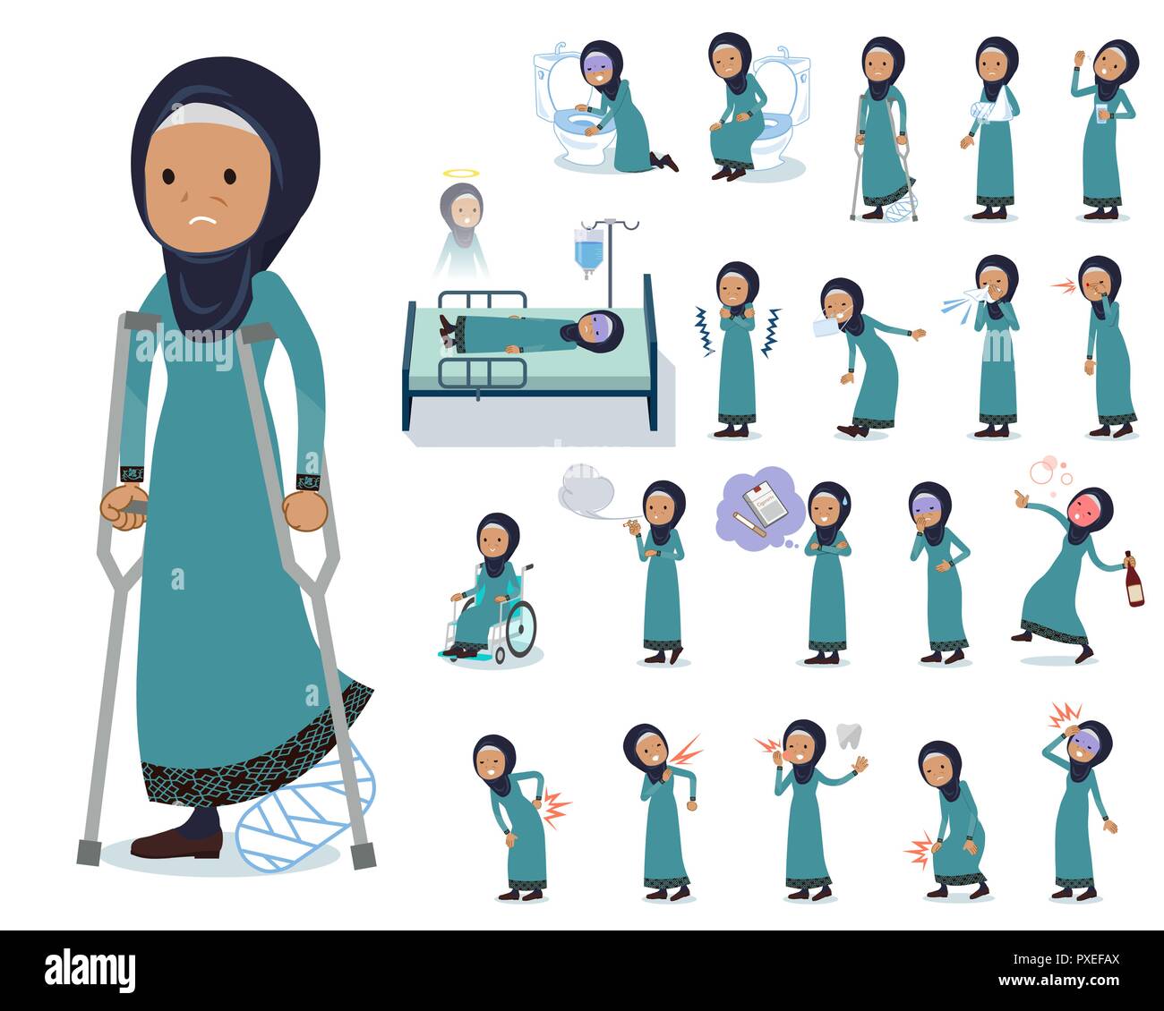 A set of old women wearing hijab with injury and illness.There are actions that express dependence and death.It's vector art so it's easy to edit. Stock Vector