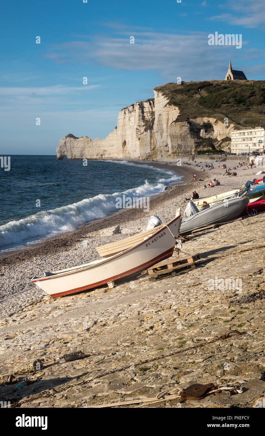 Boats on the beach of Etretat in Normandy, Thursday 17 August 2017 ...