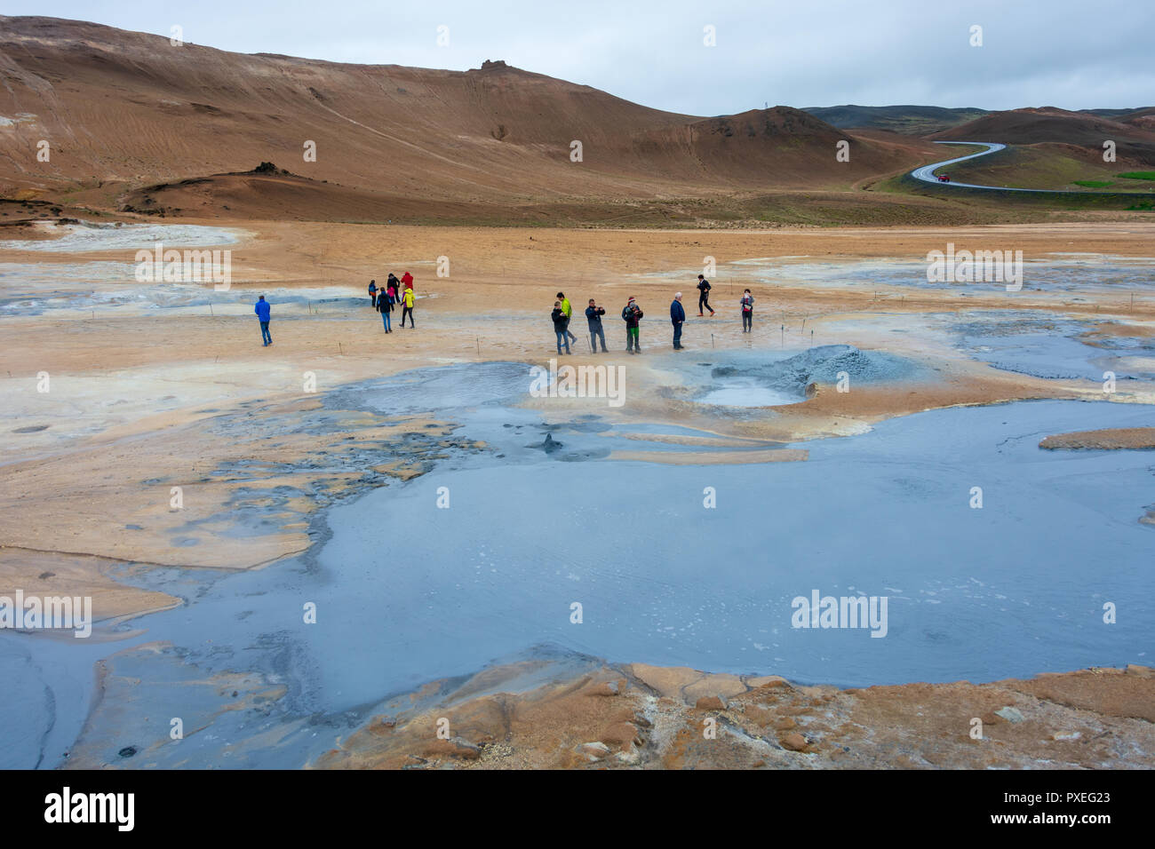 Namafjall Hverir geothermal area in North Iceland near Lake Myvatn.  This area is rich in sulfur volcanic mud pools and steam with colorful formaions  Stock Photo