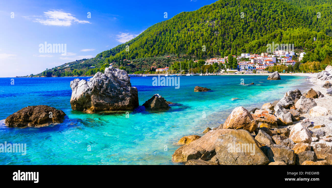 Beautiful neo Klima village,panoramic view,Skopelos island,Greece. Stock Photo