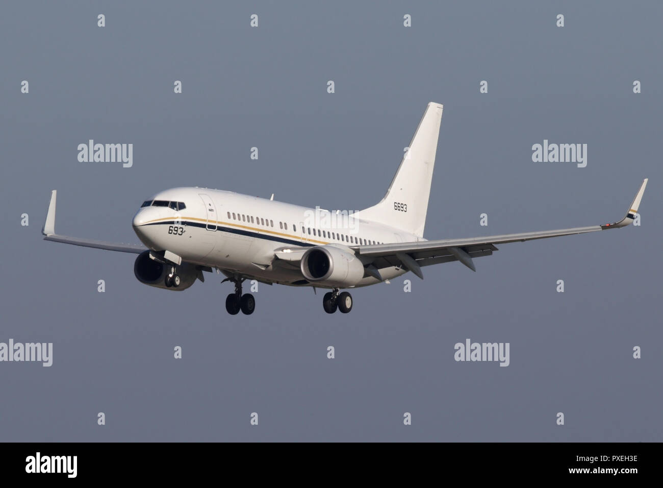 Boeing C-40A Clipper landing at RAF Mildenhall whilst working a cargo flight for the US Navy. Stock Photo