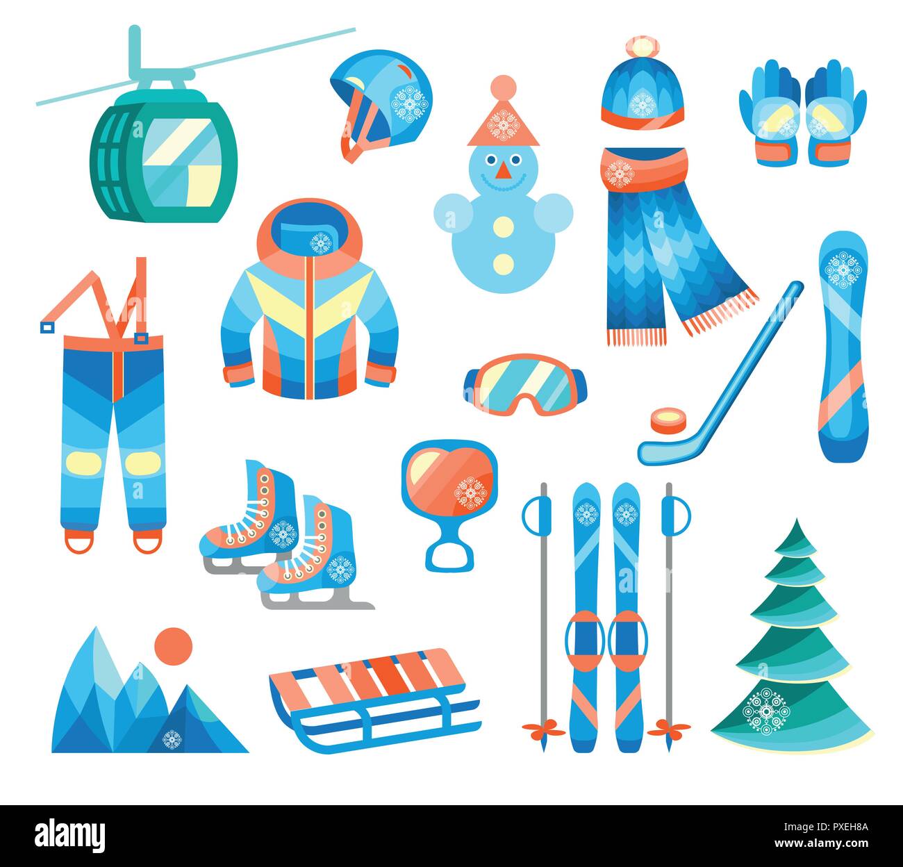 Winter sports and fun color flat icons set Stock Vector