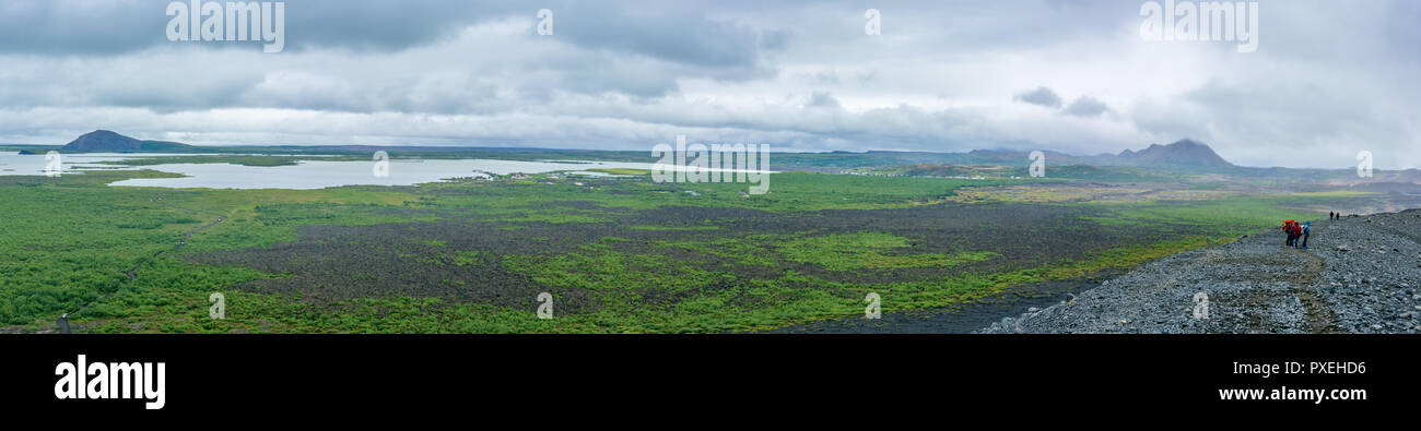 Panoramic view of Lake Myvatn, volcanos, and the region from Hverfjall - Hverfell volcano creater in Krafla, the volcanic area in Myvarn, Iceland. Stock Photo