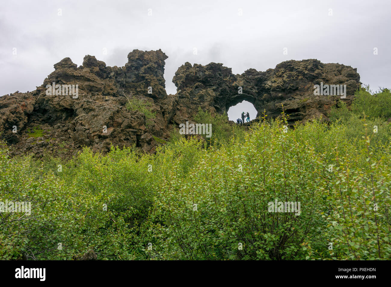 Dimmuborgir area of unusually shaped lava fields near Myvatn Lake in North Iceland. The area is composed dramatic volcanic caves and rock formations Stock Photo