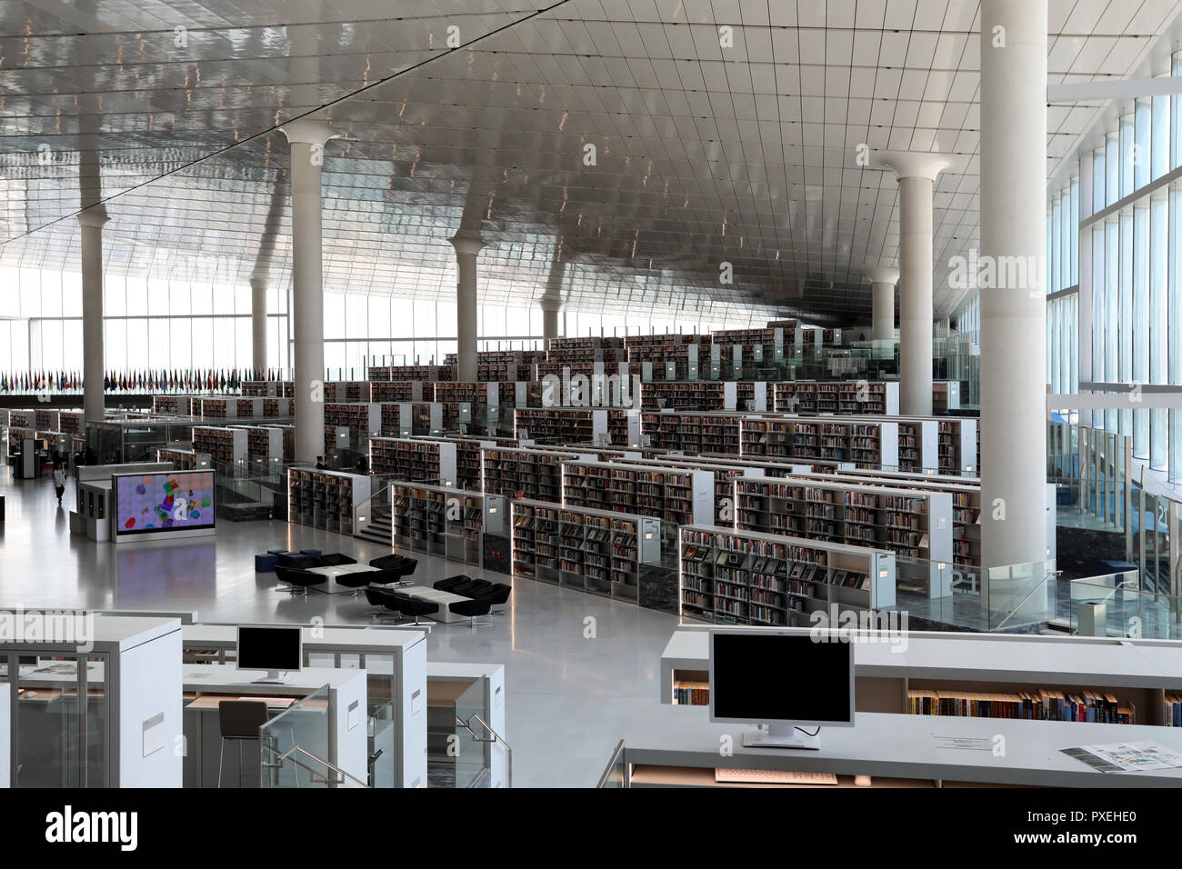 Doha / Qatar – October 9, 2018: Interior of the National Library of Qatar, designed by Dutch architect Rem Koolhaas, in the Qatari capital Doha Stock Photo