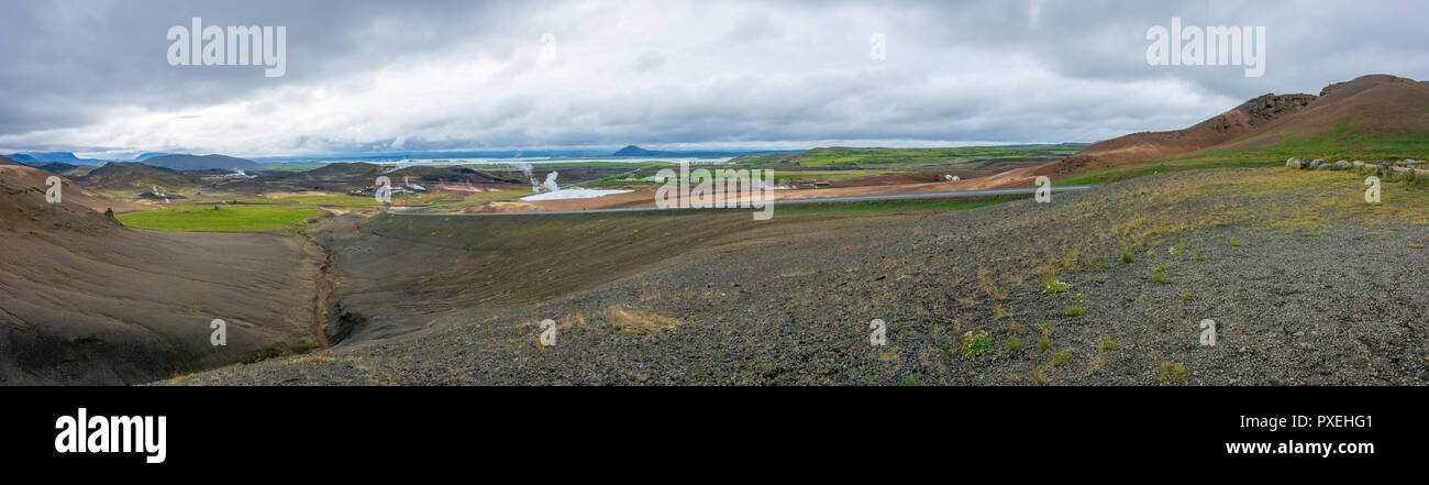 Panoramic view of Lake Myvatn, volcanos, and the region from Hverfjall - Hverfell volcano creater in Krafla, the volcanic area in Myvarn, Iceland. Stock Photo