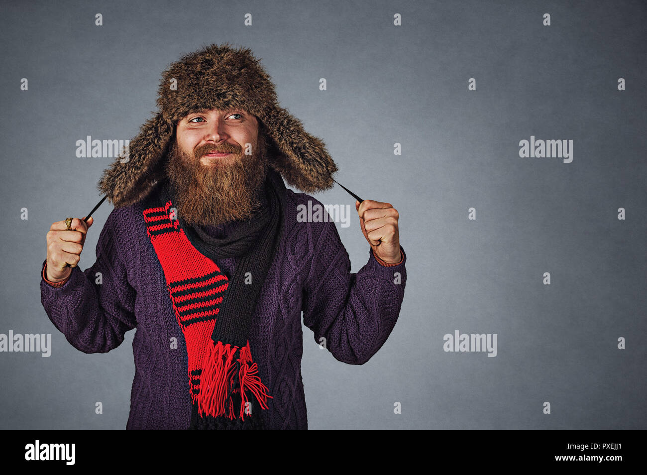 Closeup Portrait Stylish Bearded Man In Russian Fur Hat Cap And