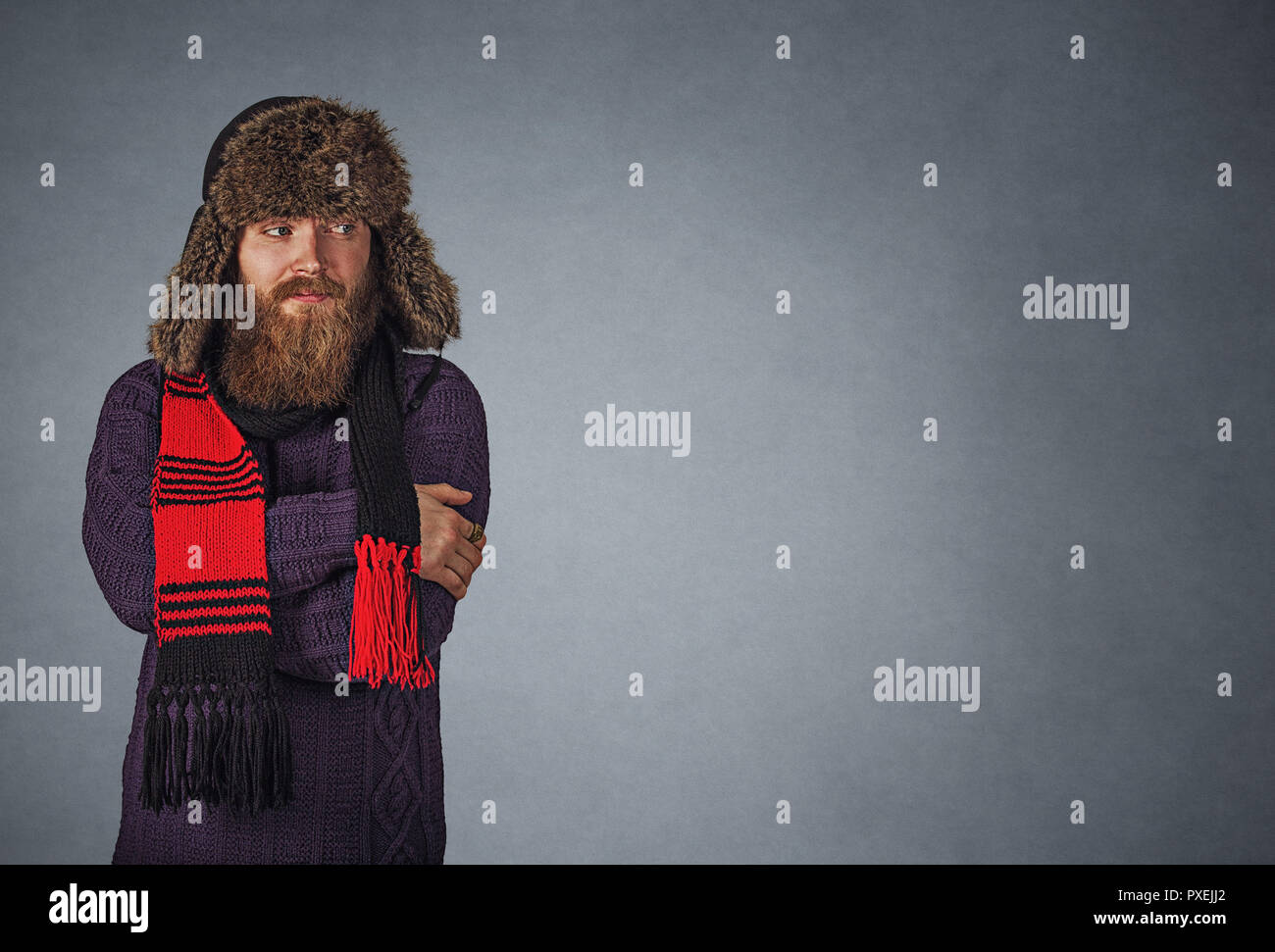 I am cold. Bearded man in fluffy russian fur hat, Young male making cold gesture looking to the side to copy space Isolated on gray grey studio wall B Stock Photo