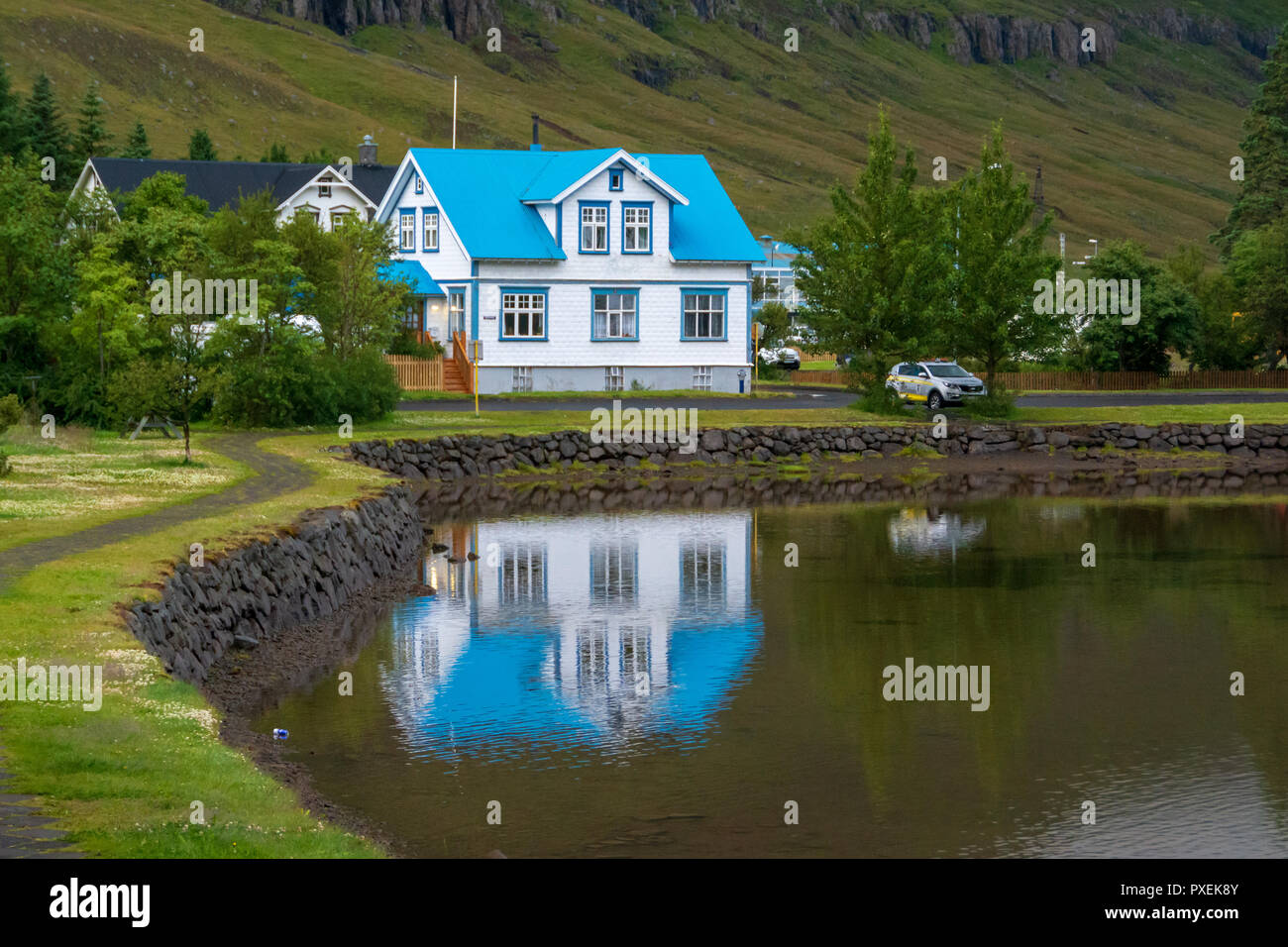 Beautiful quaint artist town of Seydisfjordur in East Iceland Stock Photo