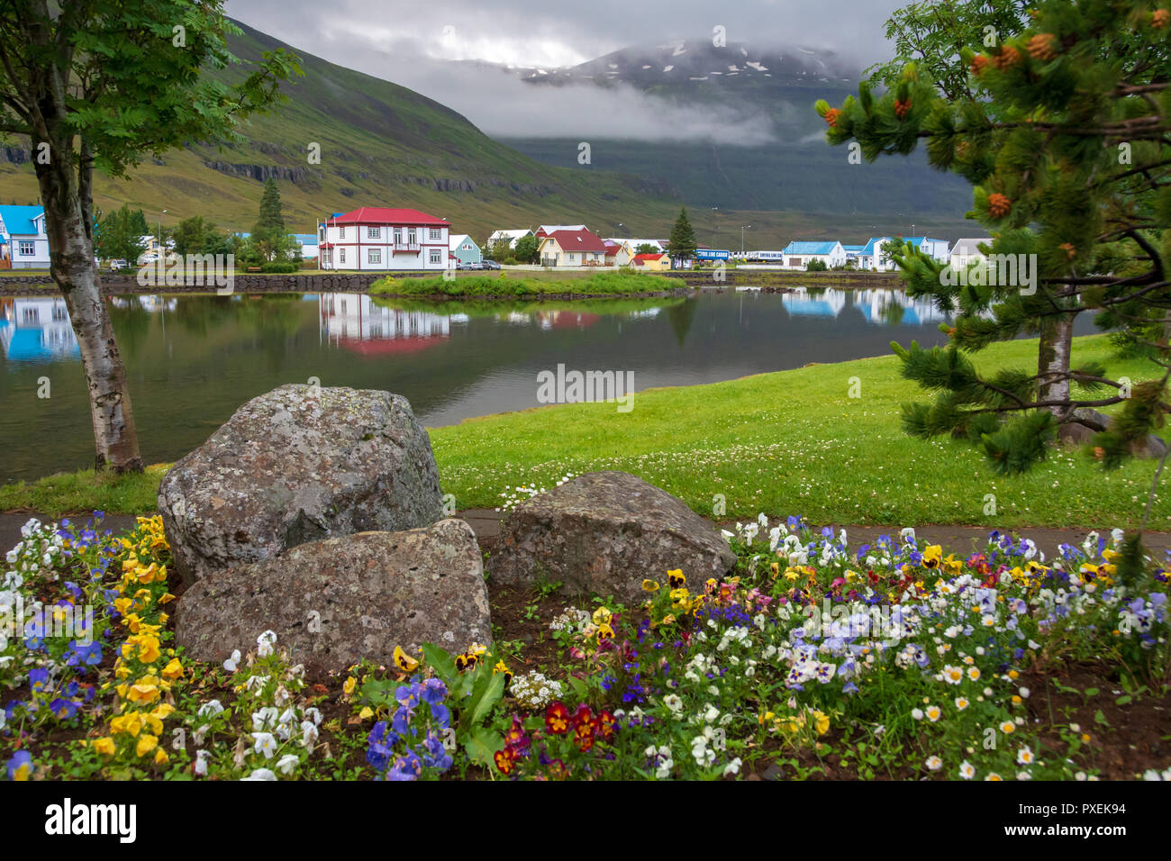 Beautiful quaint artist town of Seydisfjordur in East Iceland Stock Photo