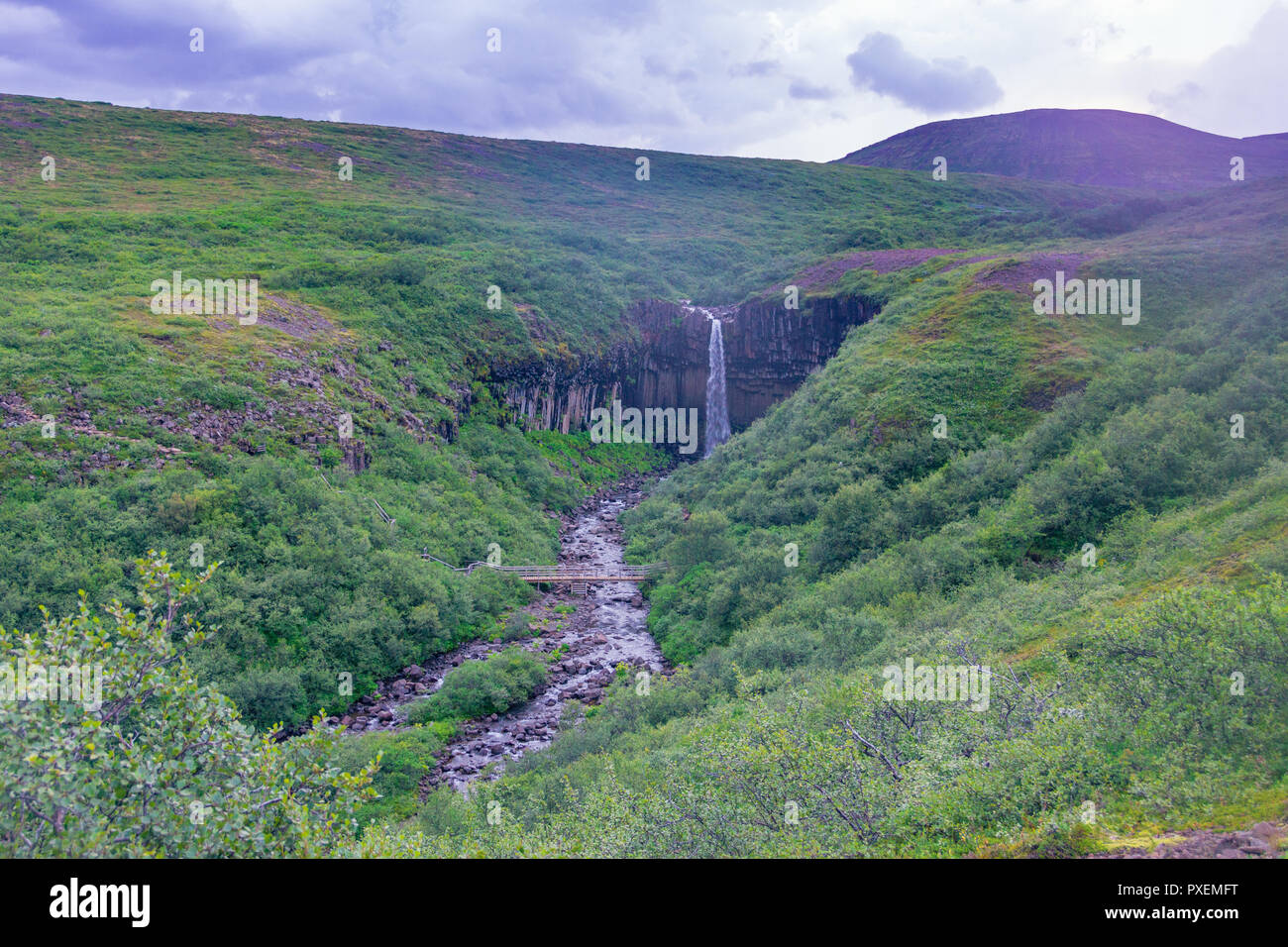 Waterfall during blue hour at Skaftafell National Park at the edge of Vatnajokull Glacier in South Iceland Stock Photo