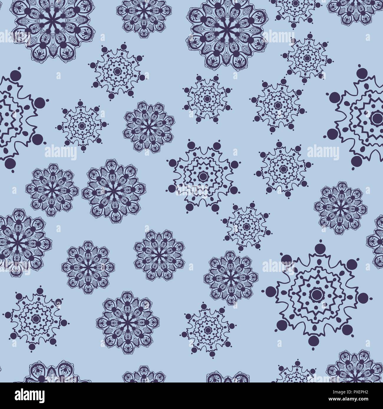 Stylized Dark blue snowflakes falling down on azure background Stock Vector