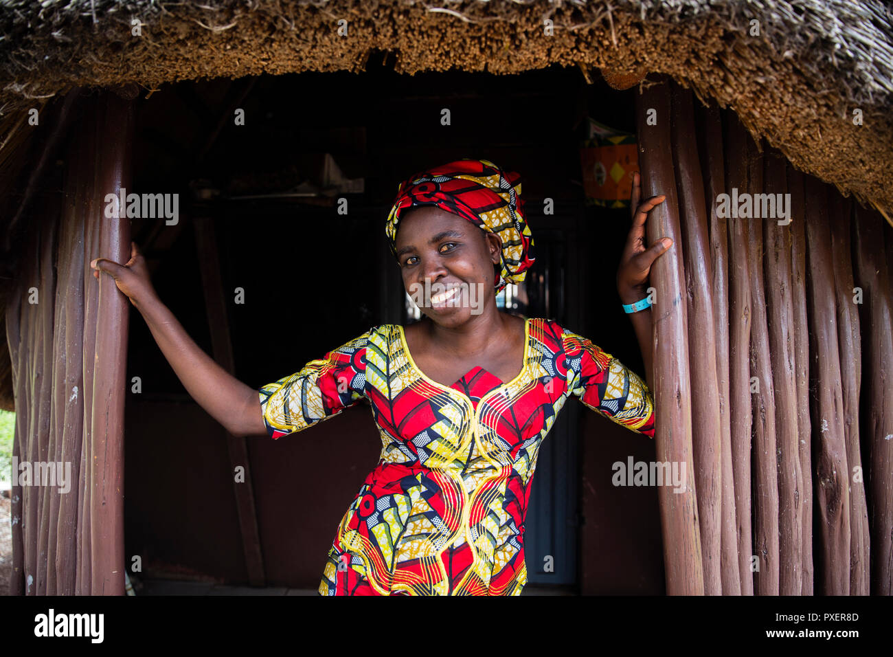 African woman in traditional dress on Ngamba Island, Lake Victoria, Uganda Stock Photo