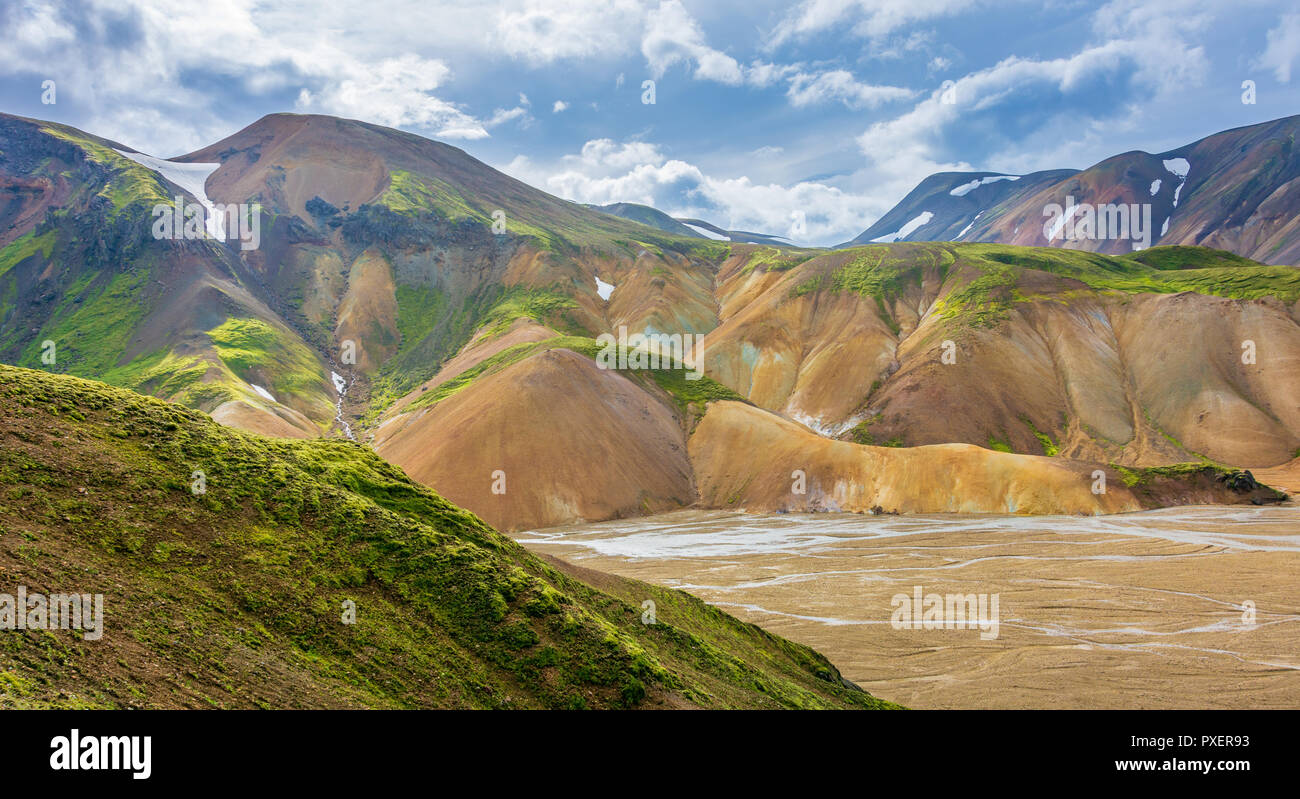 Landmannalaugar, or the 'People's Pools', a vast area of stunning beauty in the heart of Iceland's southern Highlands with colorful lava and sand form Stock Photo