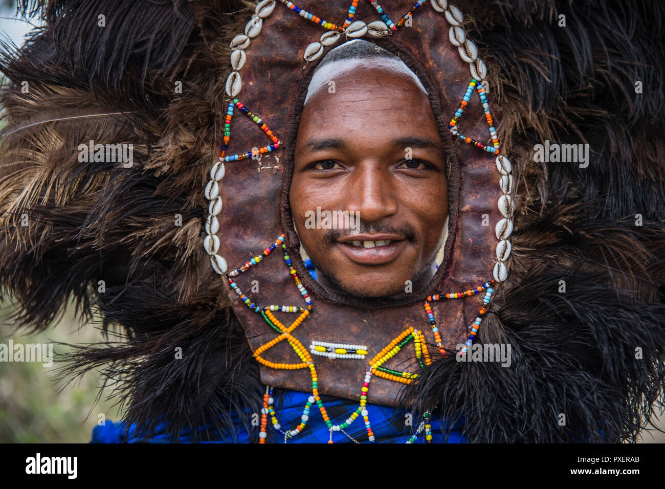 Maasai headdress, Ngorongoro Crater in Tanzania Stock Photo