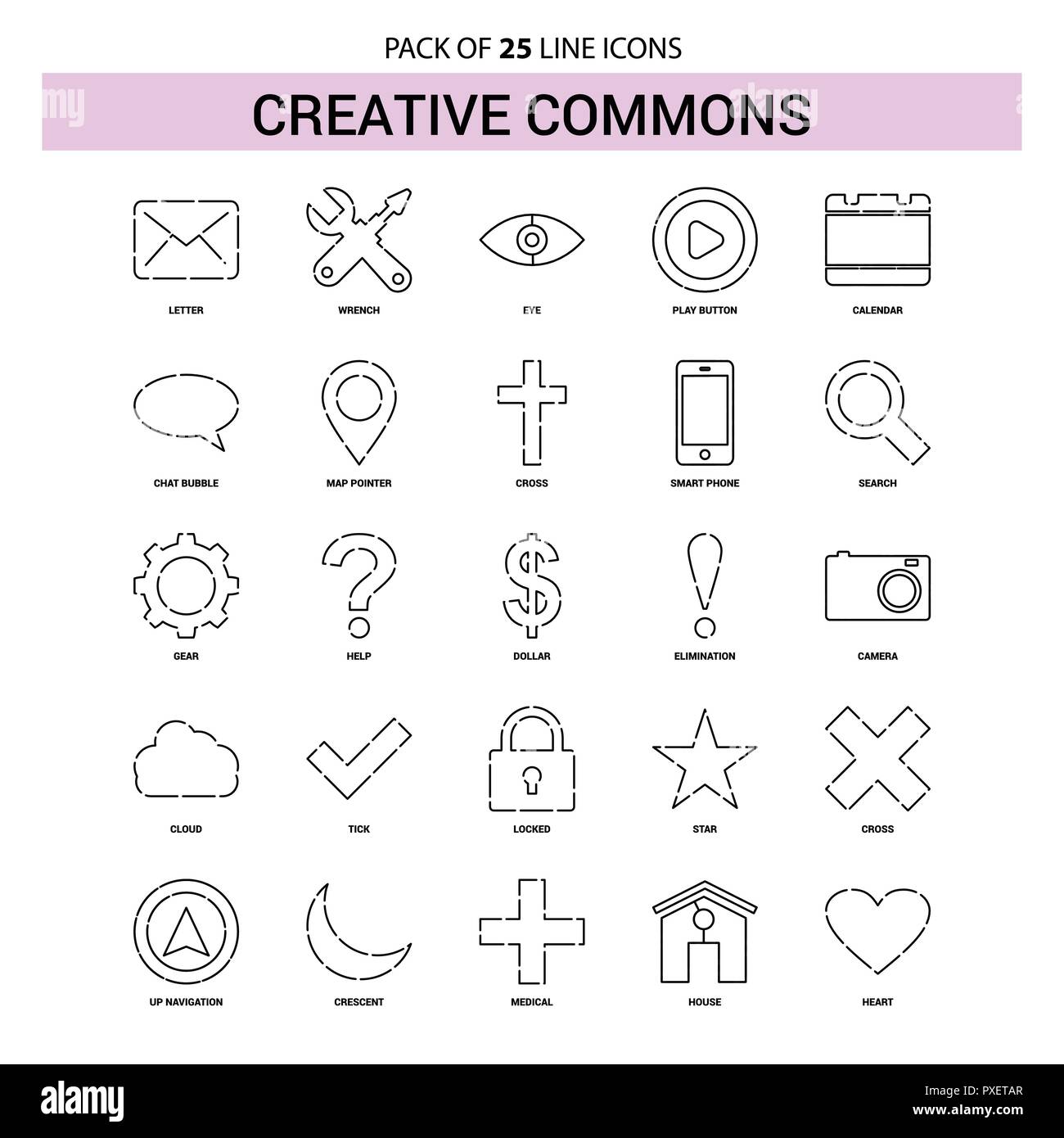 Creative Commons Line Icon Set - 25 Dashed Outline Style Stock Vector