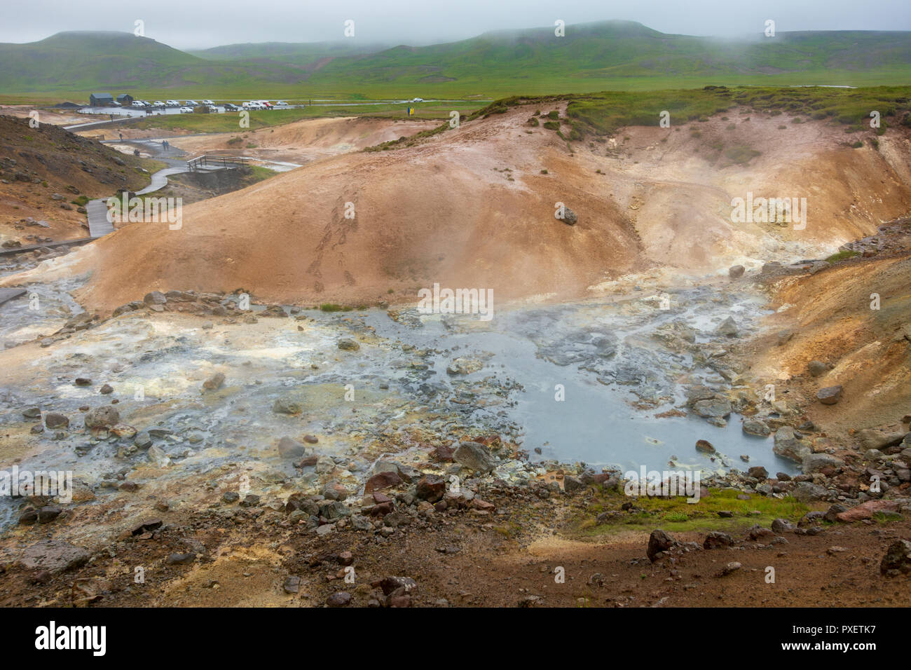 Tourists visiting the Seltun geothermal field in the Reykjanes Penninsula near Keflavik and Reykjavik, Iceland Stock Photo