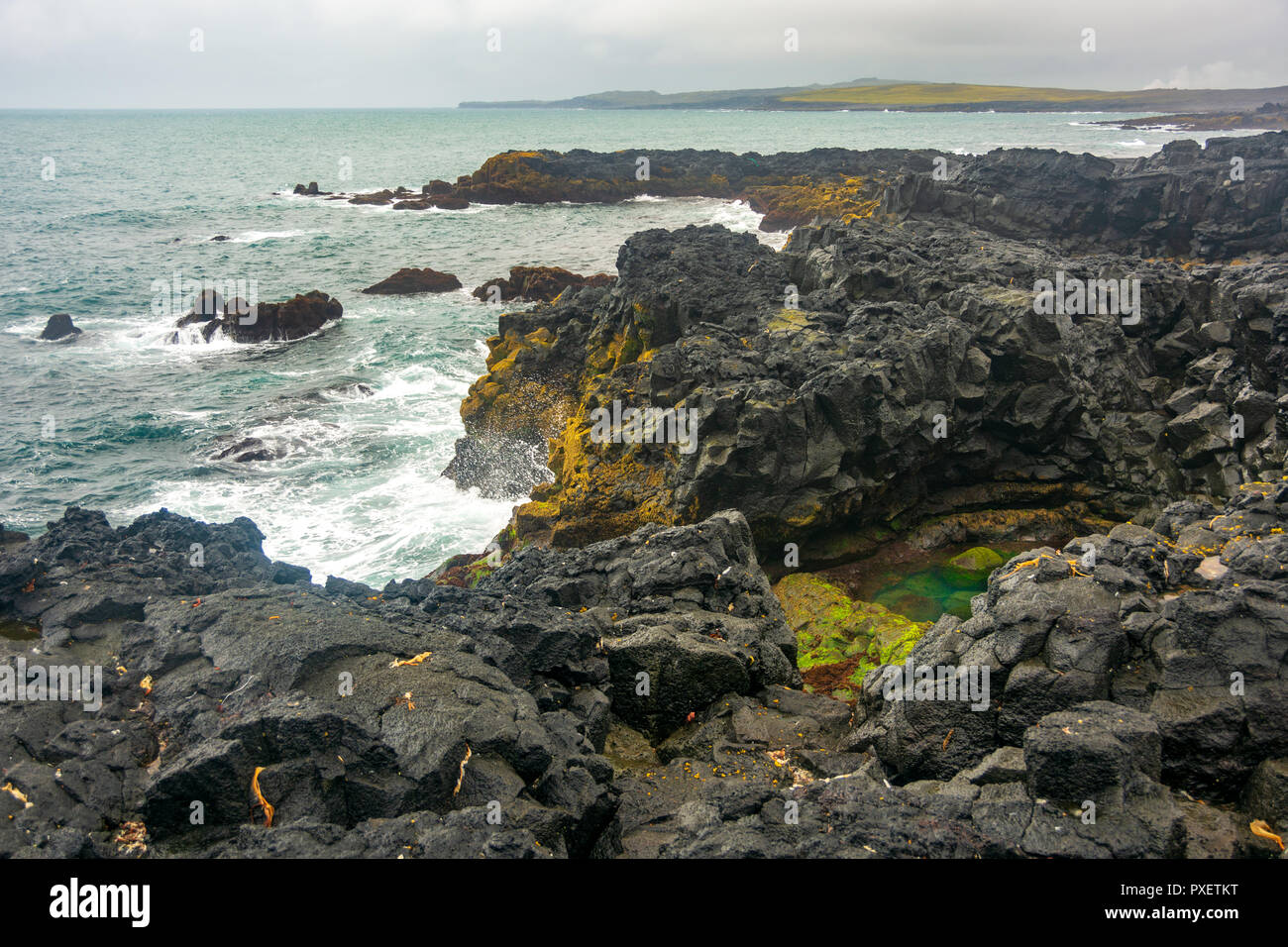 Brimketill naturally carved pool and lava beach in Reykjanes Penninsula, Iceland Stock Photo