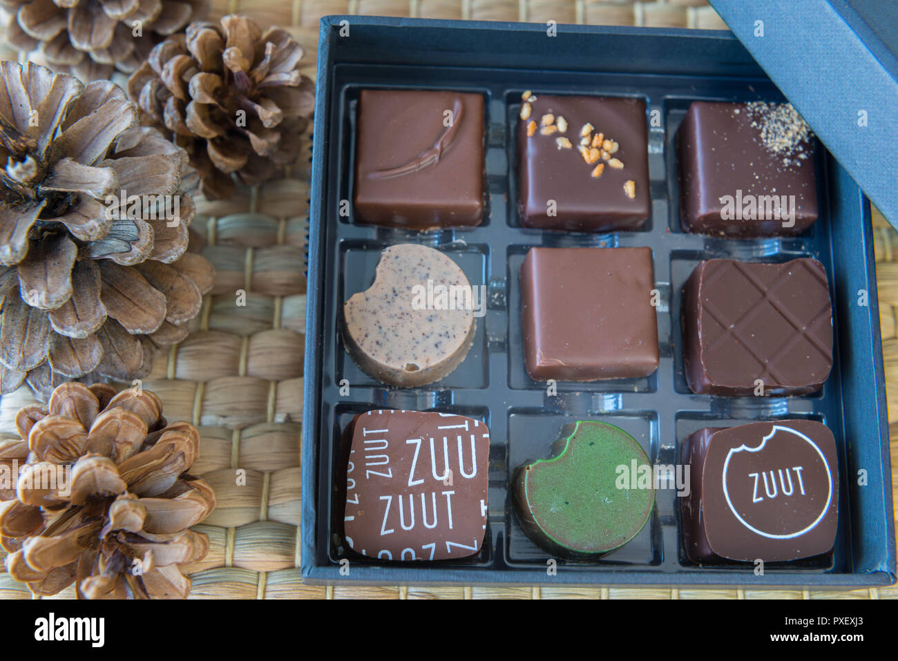 Chocolates from the chocolatier Zuut, mentioned in the Gault Miliau, Leuven Belgium. Best chocolate store in Belgium. Stock Photo