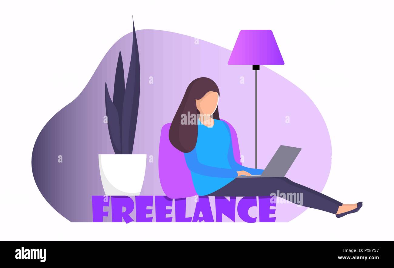 Woman freelancer sitting at home with laptop. Girl with laptop doing remote work. Online freelance work concept illustration for web page or mobile ap Stock Vector