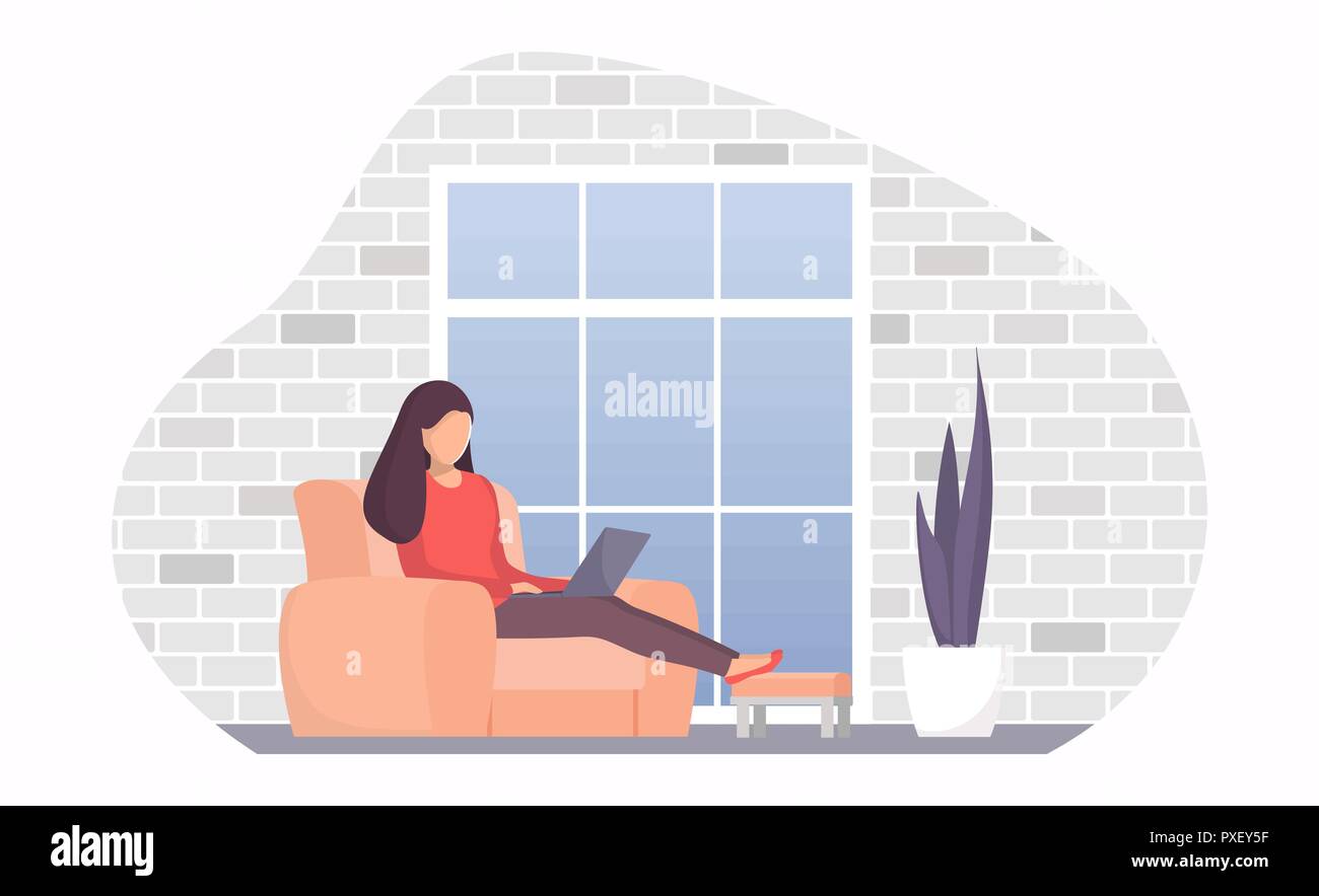 Woman sitting in a chair by the window with laptop. Girl with laptop doing remote work. Online freelance work concept illustration for web page or mob Stock Vector