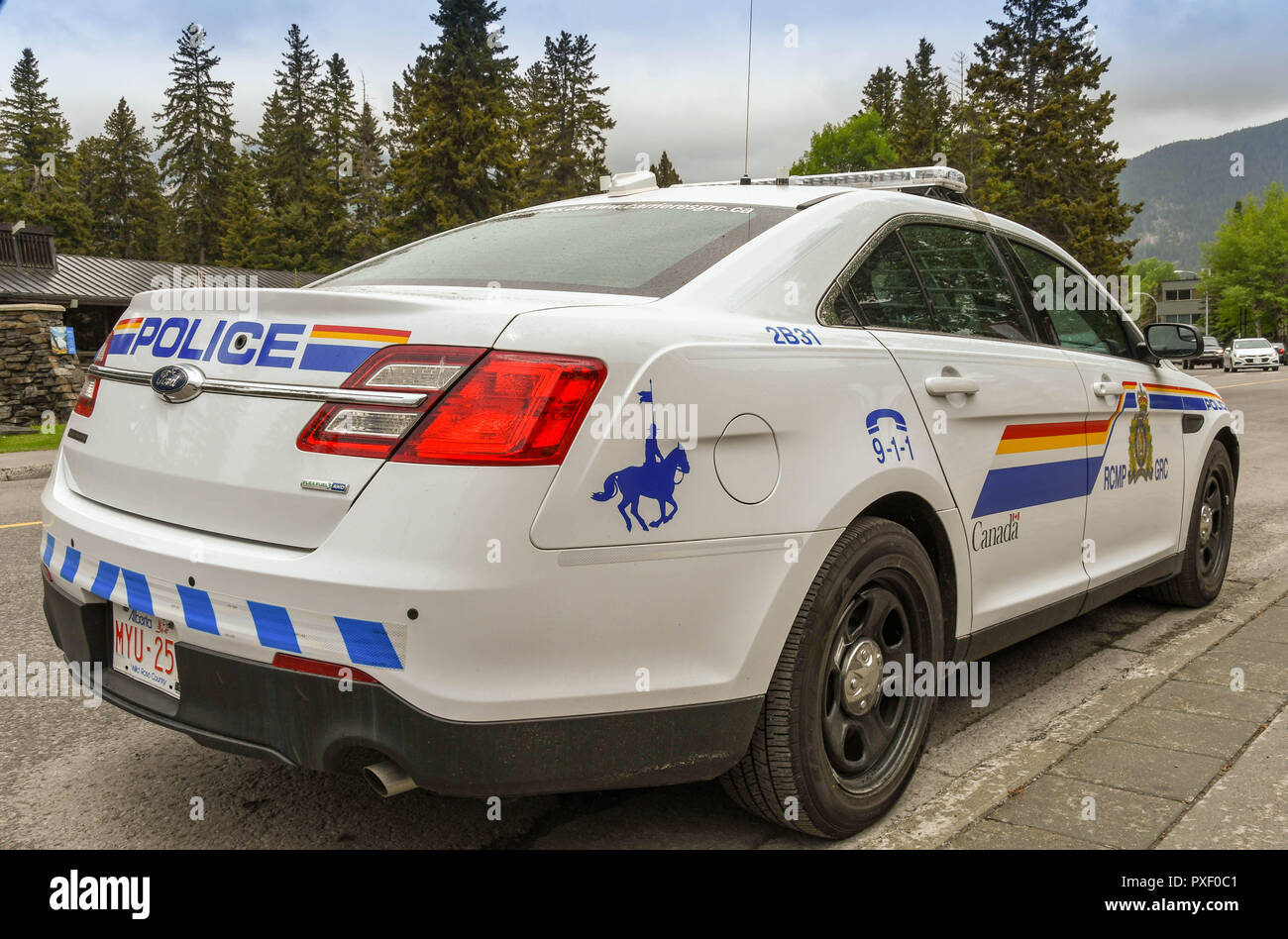 BANFF, AB, CANADA - JUNE 2018: Close up view of a Royal Canadian Mounted Police partol car. Stock Photo