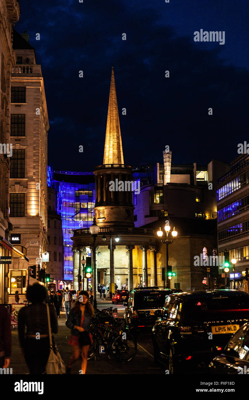 All Souls Church at night, Langham Place, Regent Street, Central London, England, UK. Stock Photo