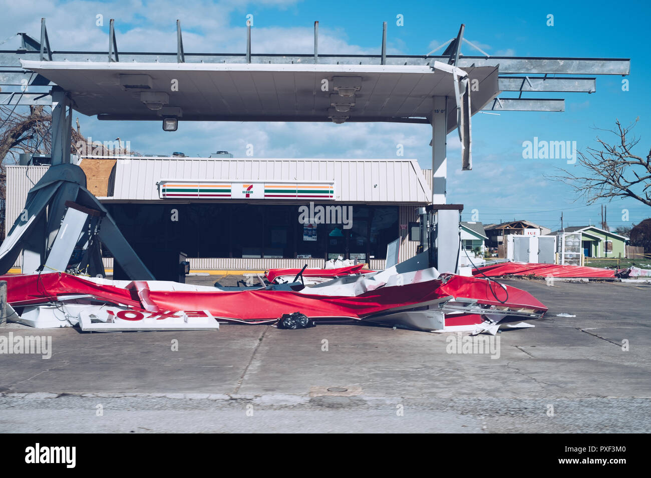 hurricane Harvey, Hurricane, destroyed gas station trash, pile, natural