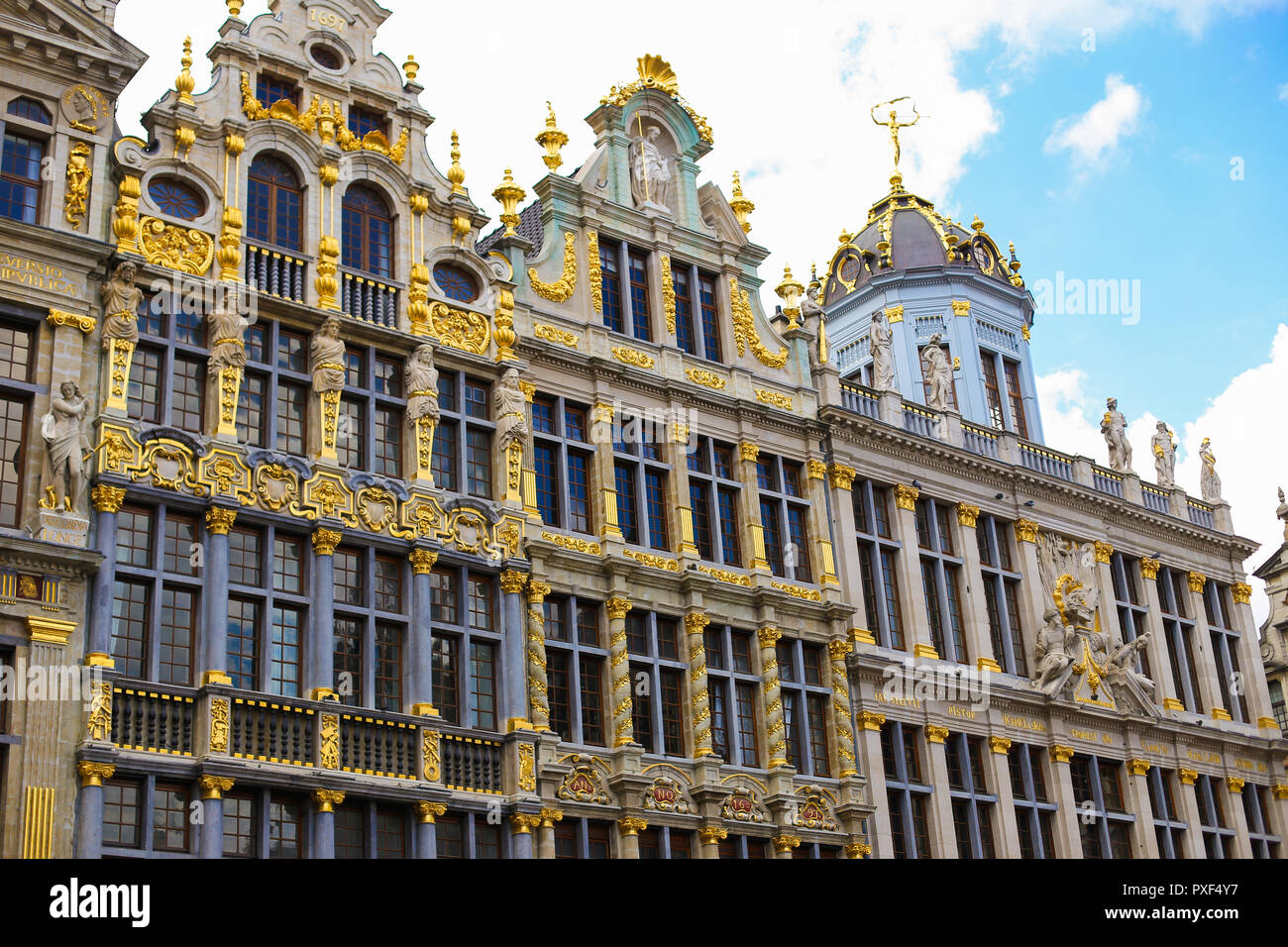 Close up Grand Place buildings in Brussels, central square in Belgium. Concept of european architecture and landmarks. Stock Photo