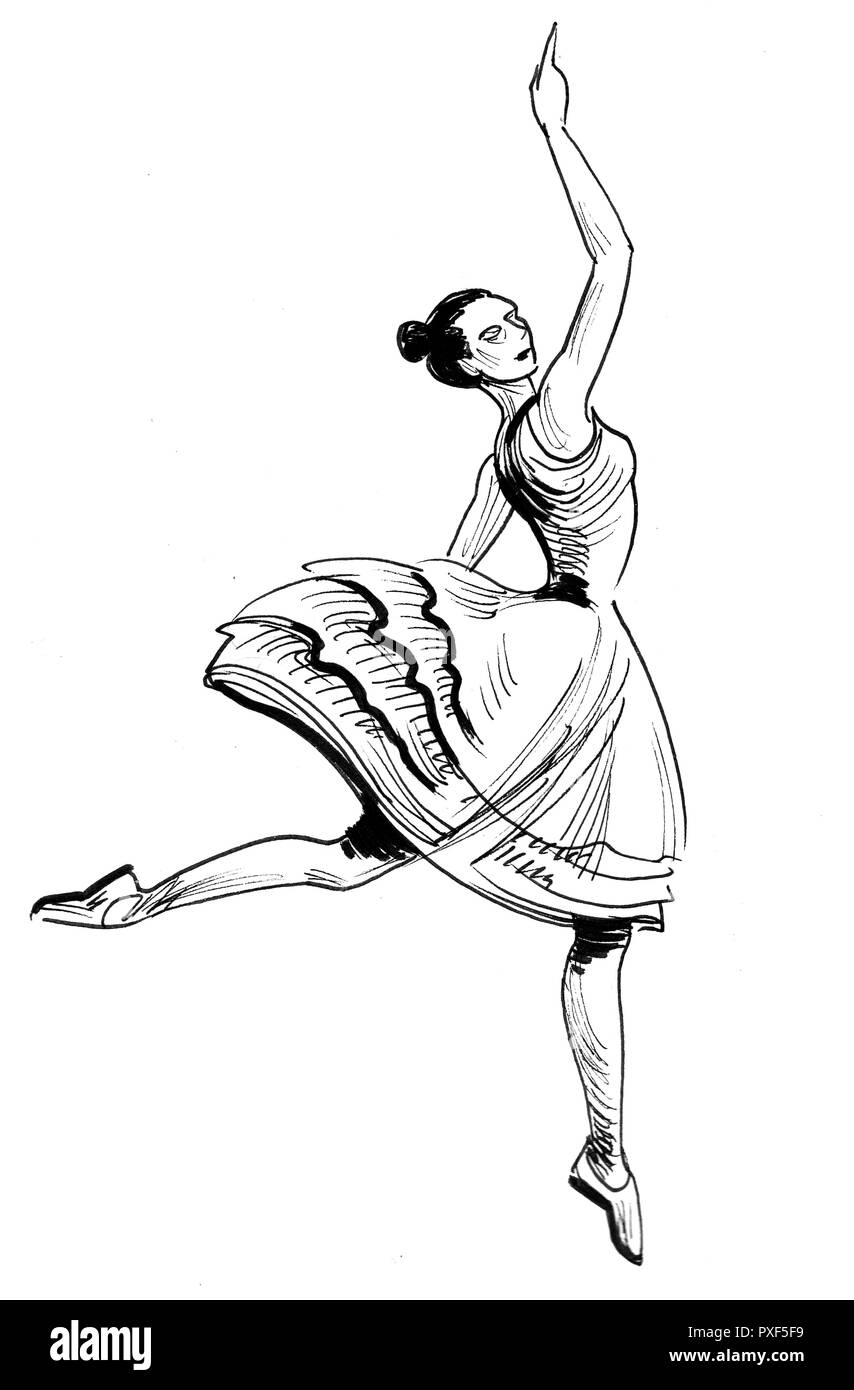 Dancing ballerina. Ink black and white illustration Stock Photo - Alamy