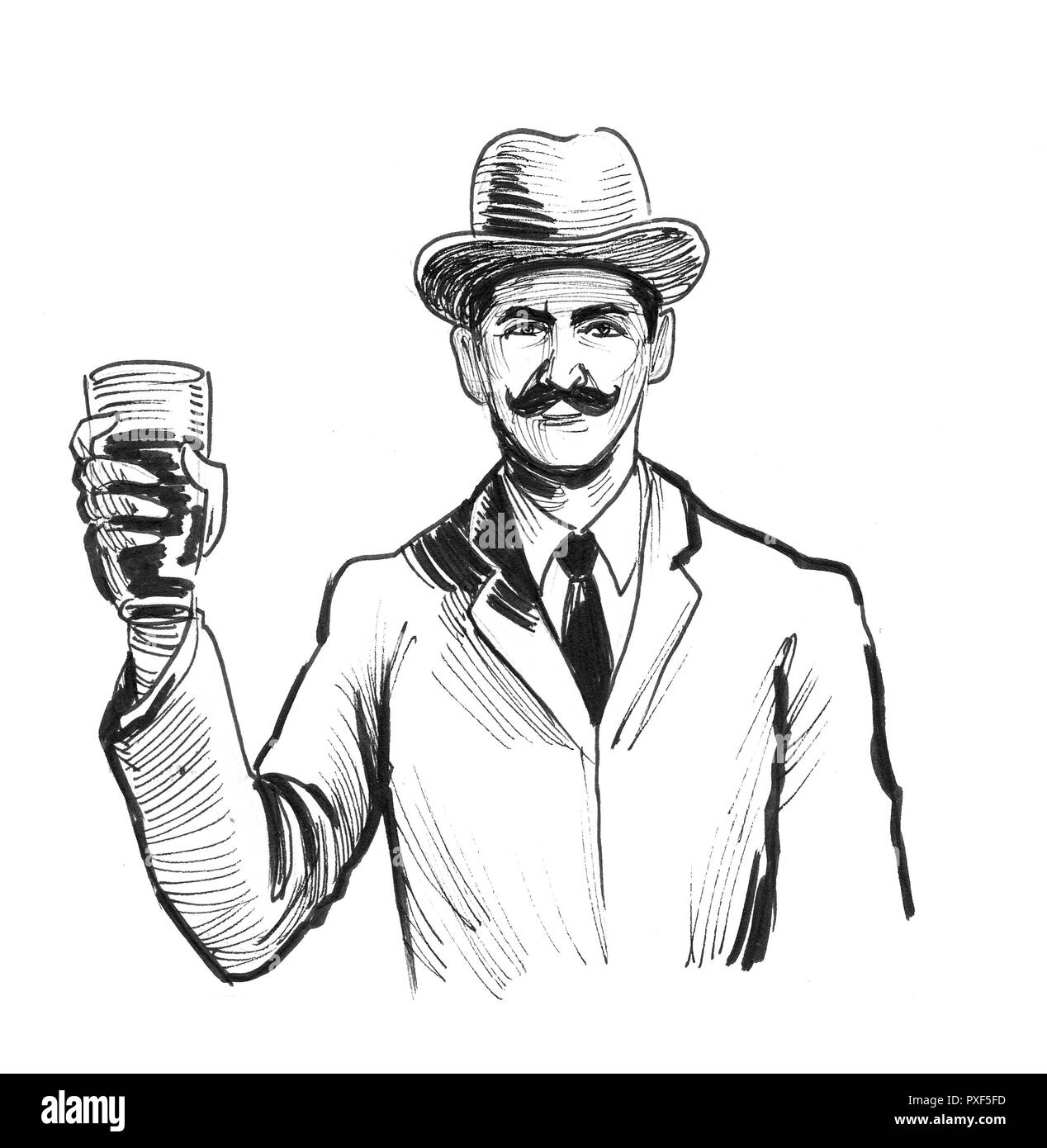 Man with a mustache and hat with a glass of beer. Ink black and white ...