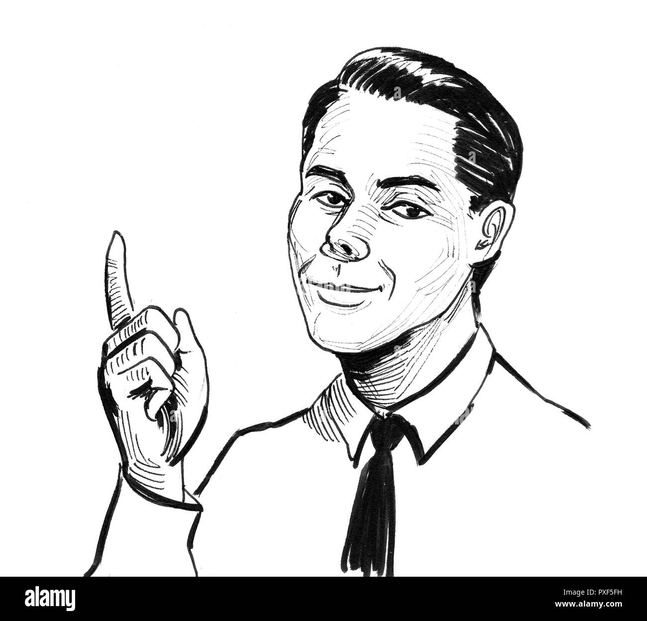 Man pointing up. Ink black and white drawing Stock Photo Alamy