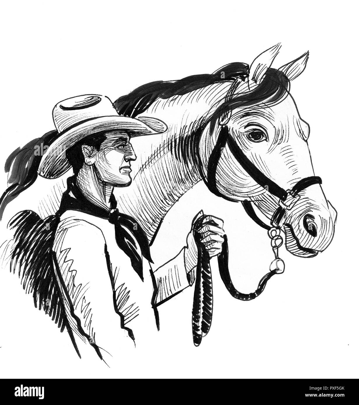 Cowboy character with a horse. Ink black and white illustration Stock ...